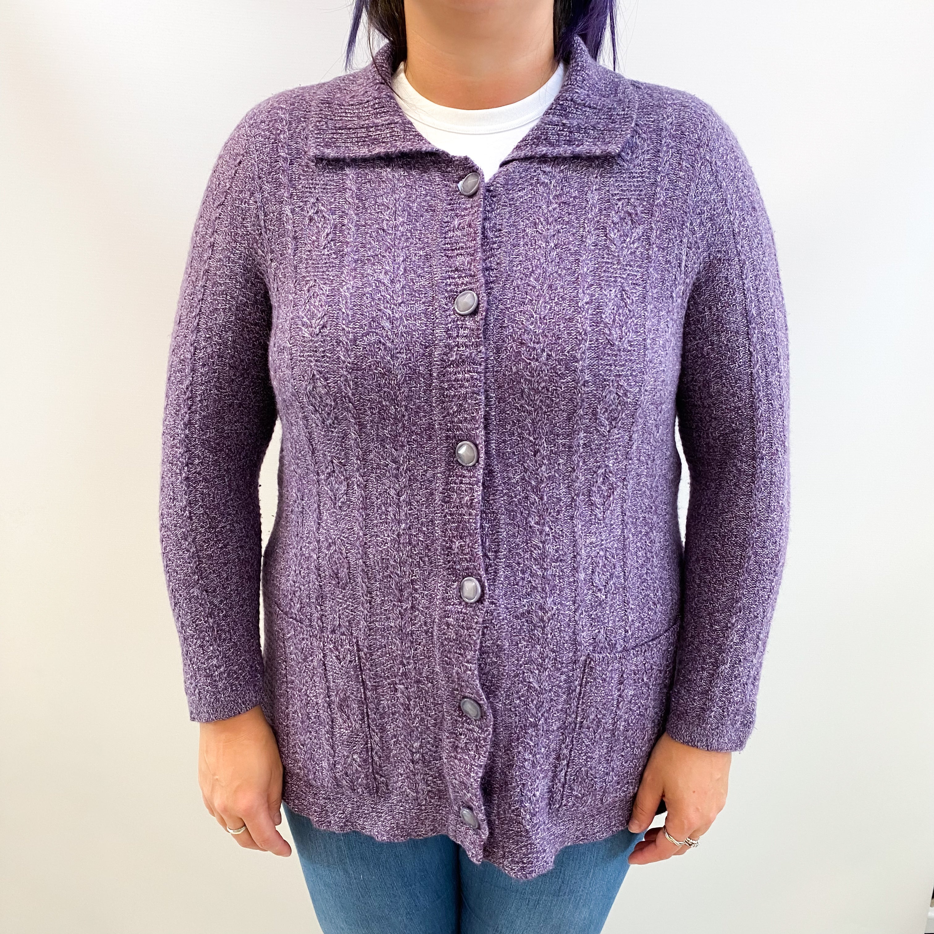 Amethyst Purple Marl Cashmere Collared Crew Neck Cardigan Large