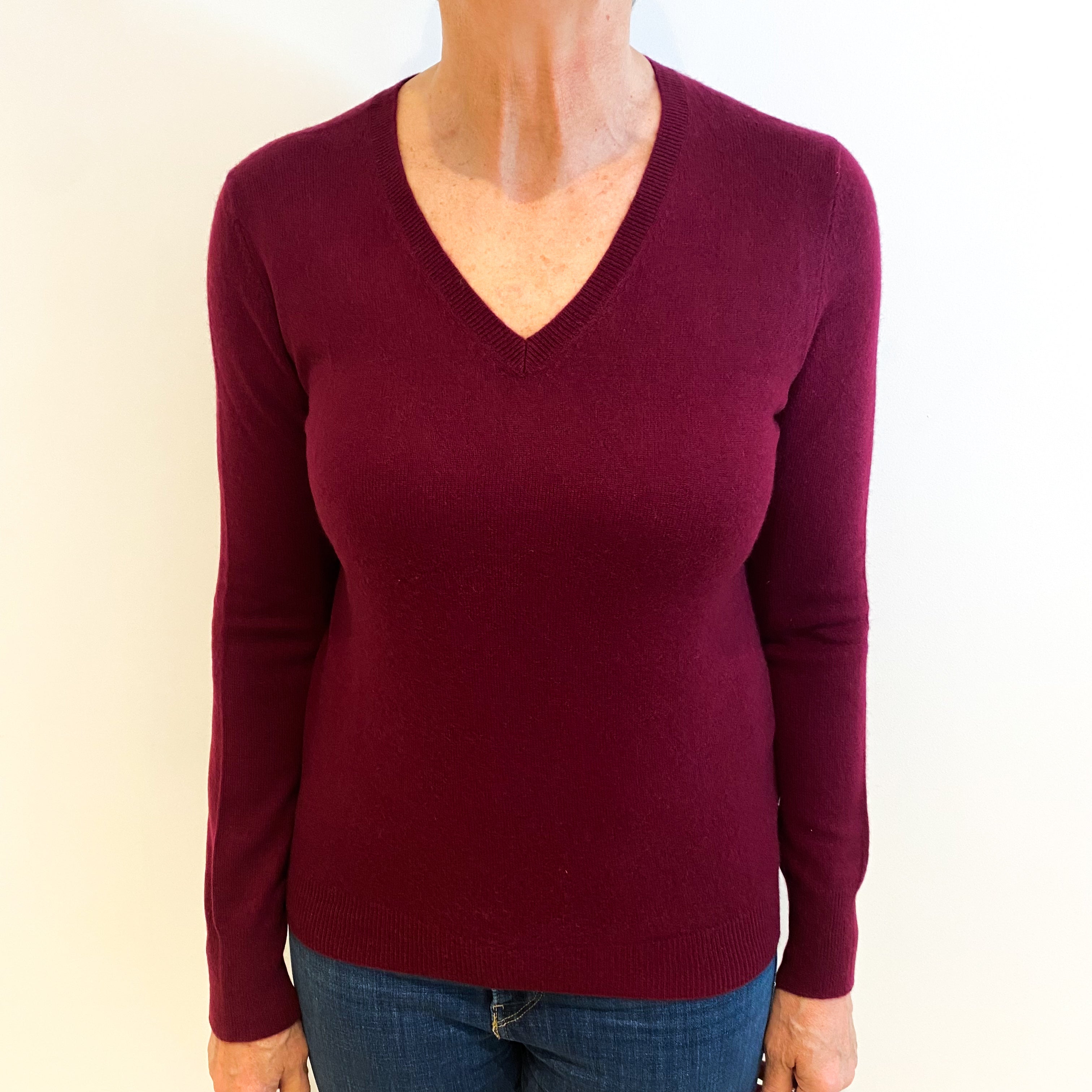 Burgundy Red Cashmere V Neck Jumper Medium