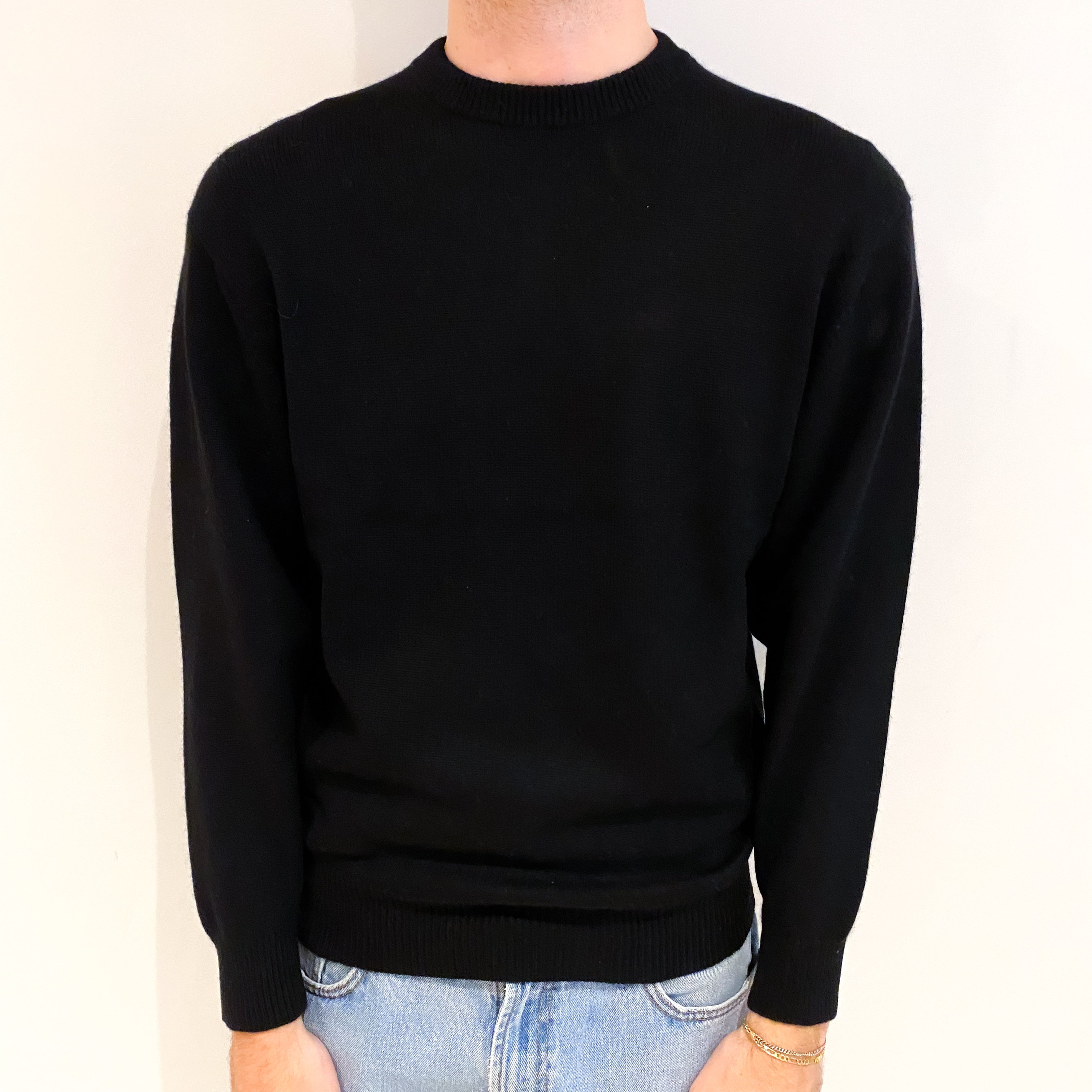 Men's Black Cashmere Crew Neck Jumper Medium