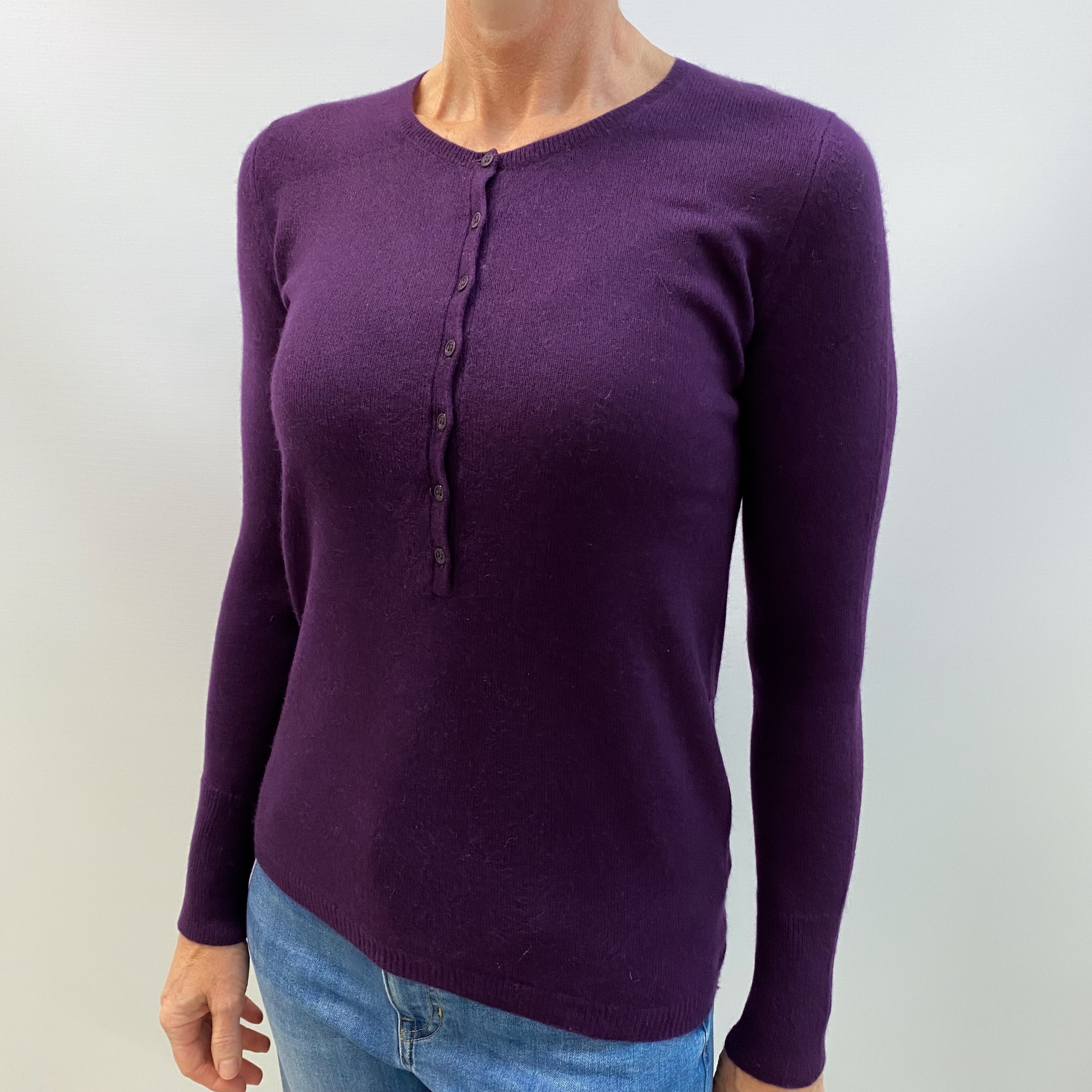 Blueberry Purple Cashmere Button Up Crew Neck Jumper Small