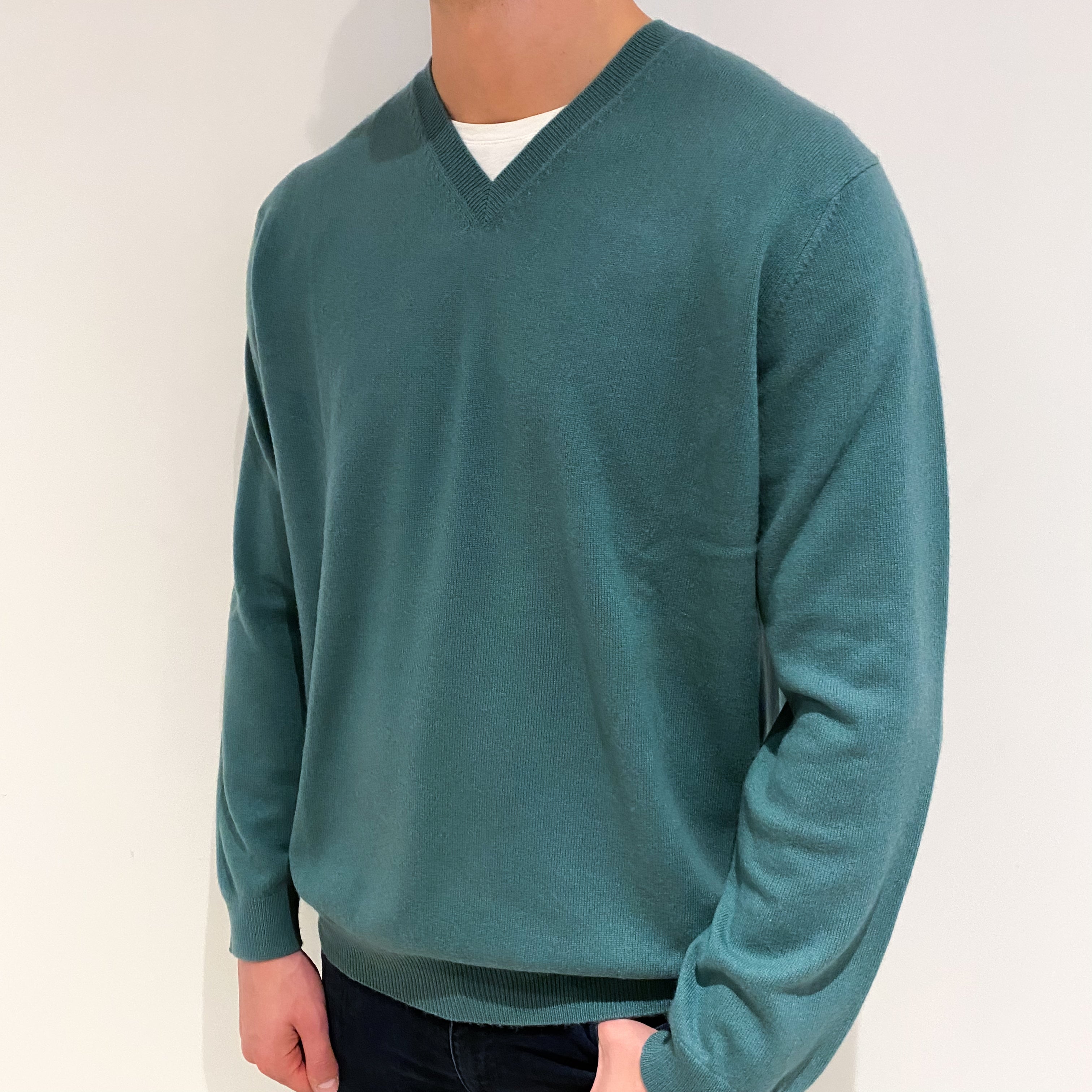 Men's Viridian Green Cashmere V Neck Jumper XL