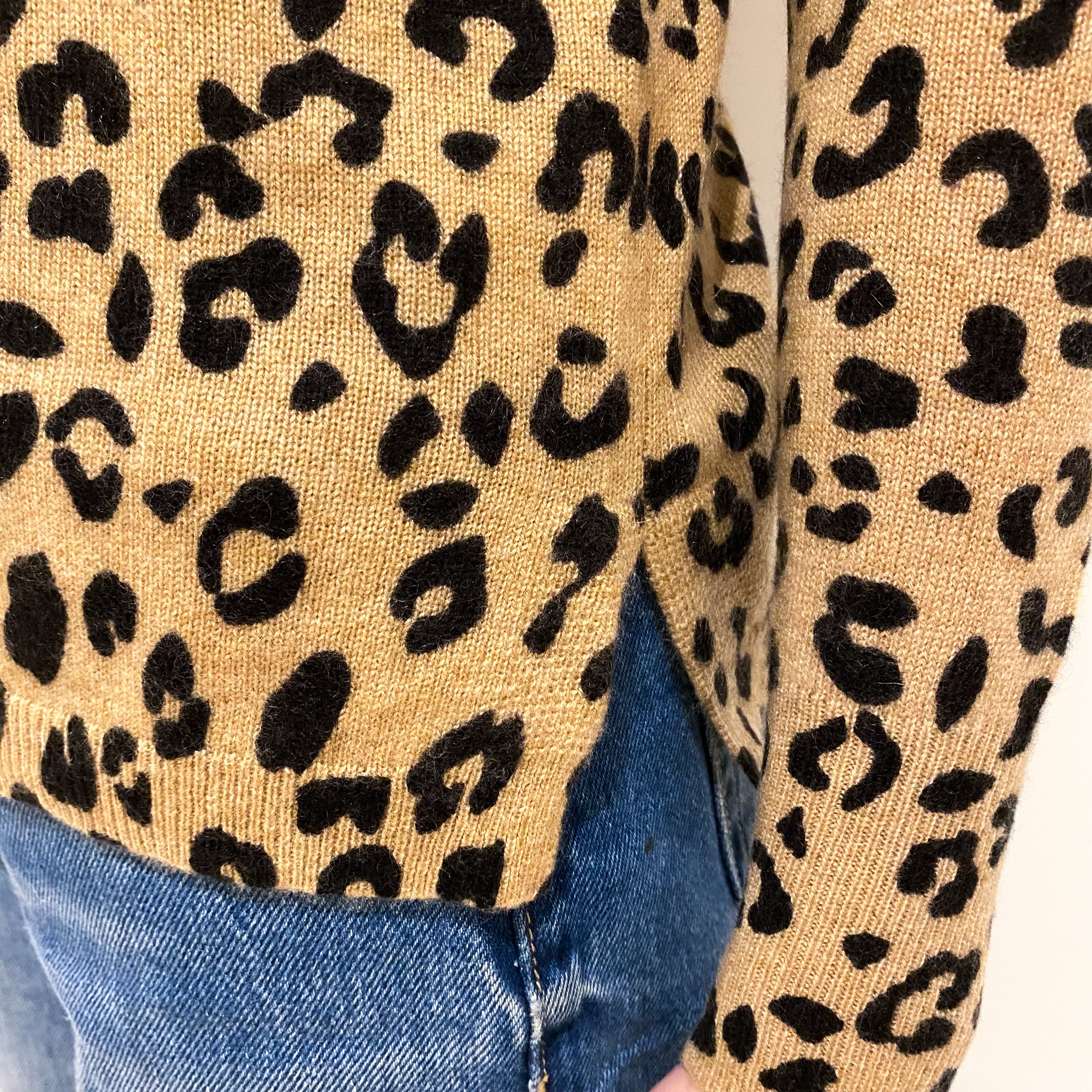 Camel and Black Leopard Cashmere Crew Neck Jumper Extra Small