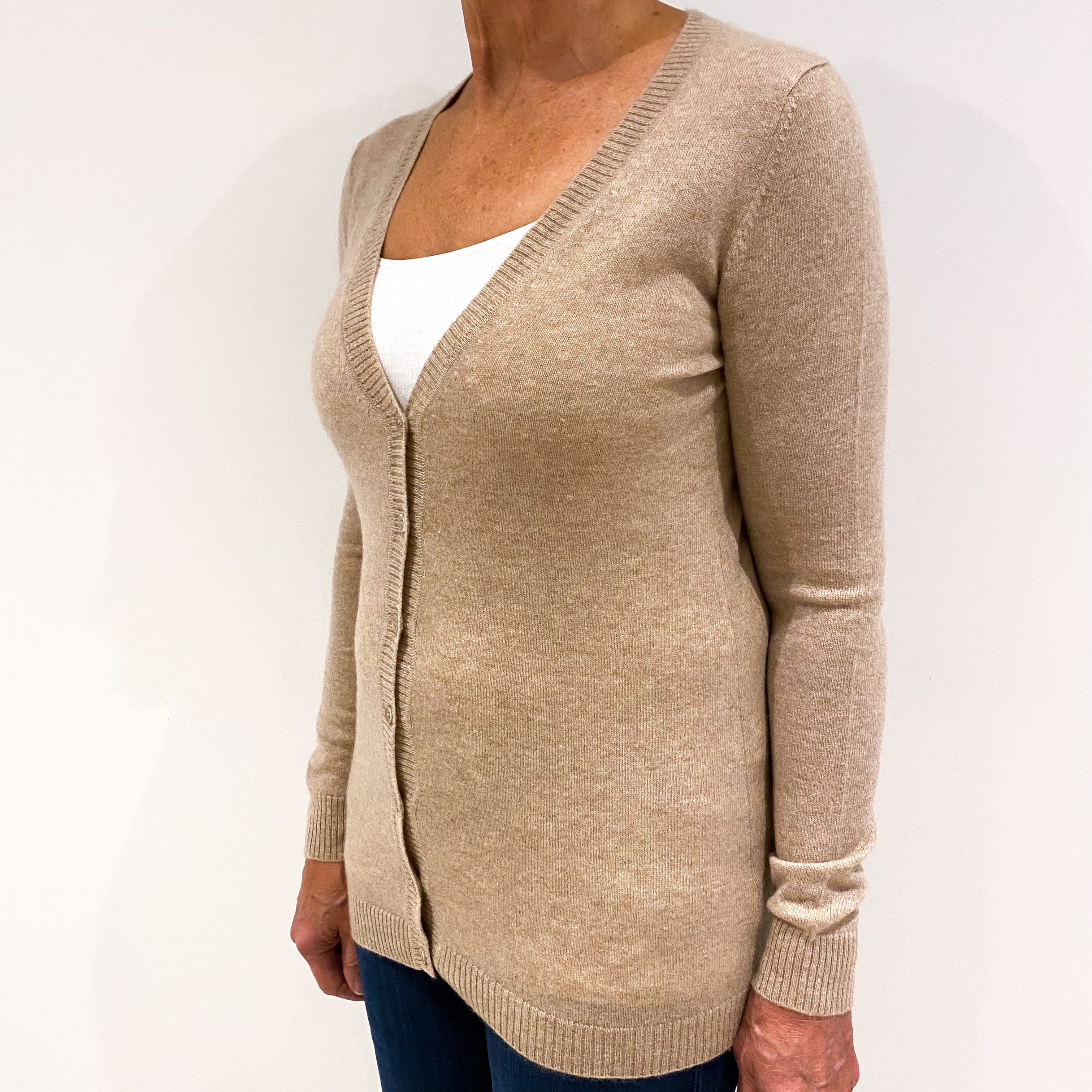 Buff Beige Longline Cashmere V-Neck Cardigan Medium