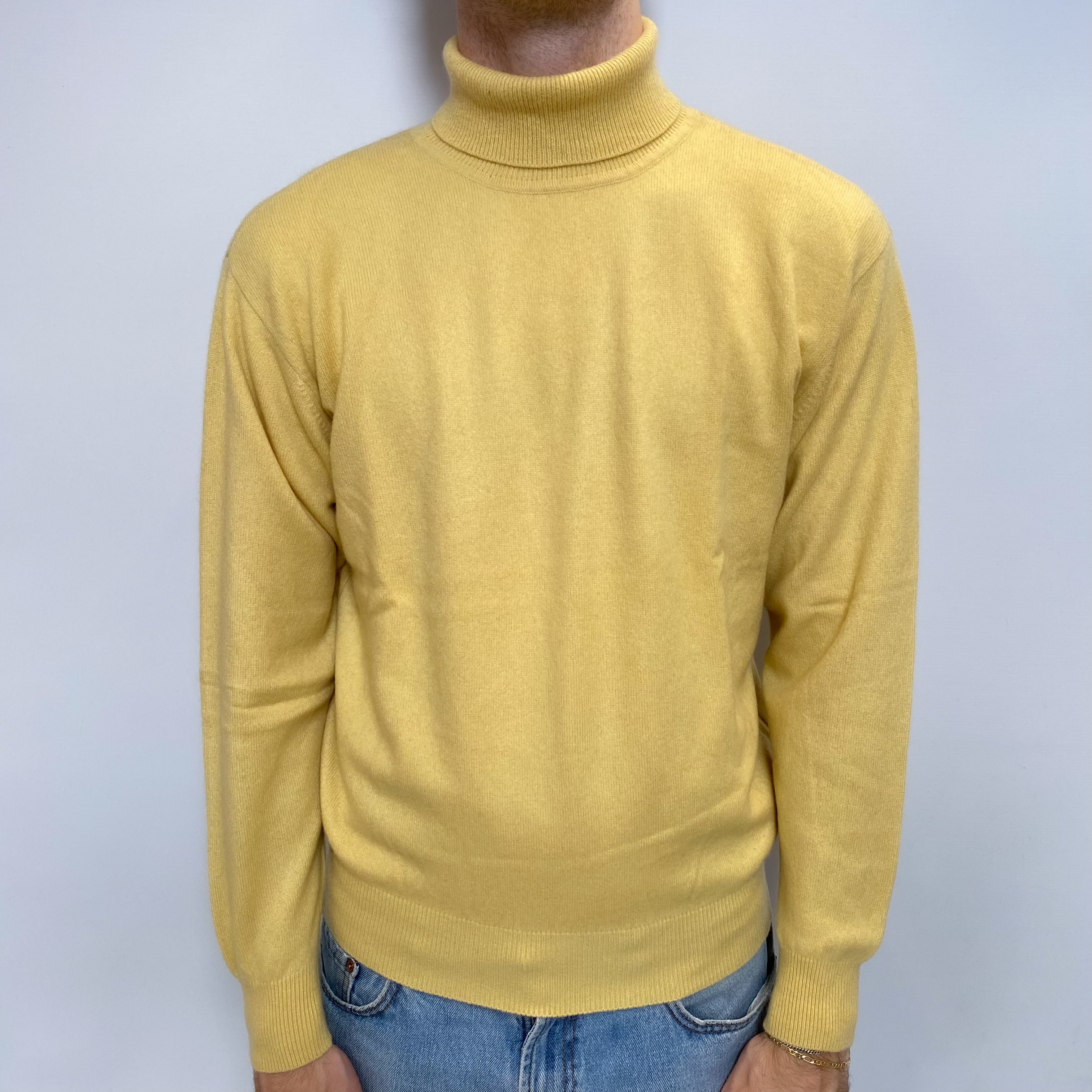 Men's Custard Cashmere Polo Neck Jumper Large