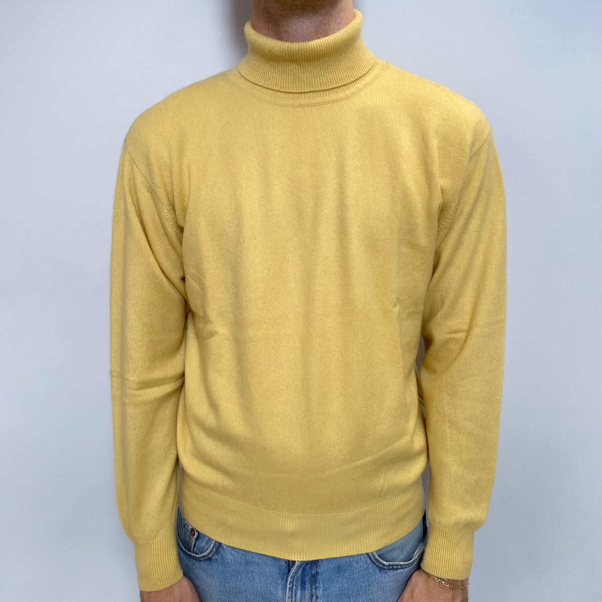 Men's Custard Cashmere Polo Neck Jumper Large