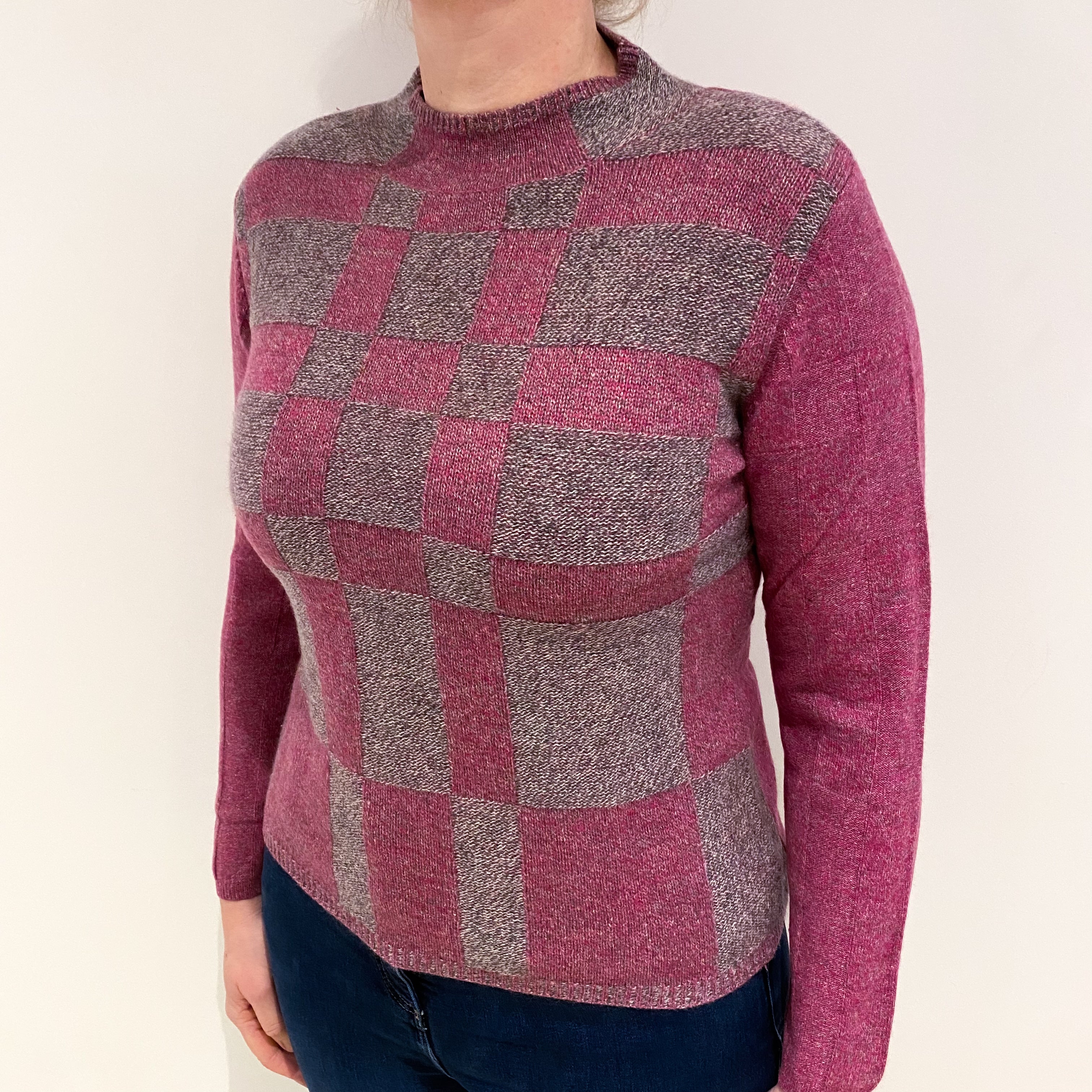 Raspberry and Grey Checked Cashmere Turtle Neck Jumper Large