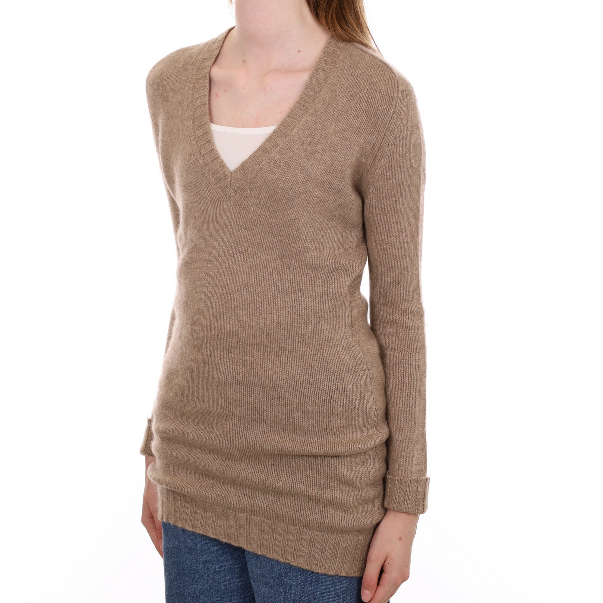 Biscuit Brown Cashmere Longline V Neck Jumper Extra Small