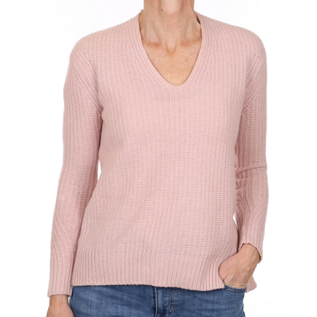 Pale Pink Cashmere Chunky V Neck Jumper Small