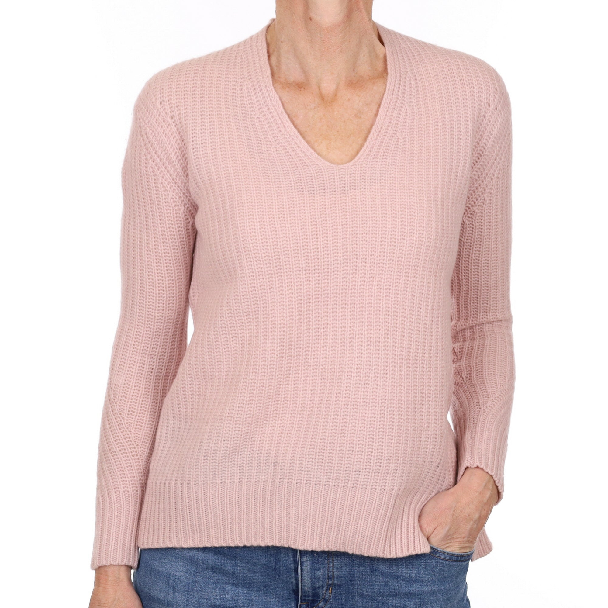 Pale Pink Cashmere Chunky V Neck Jumper Small
