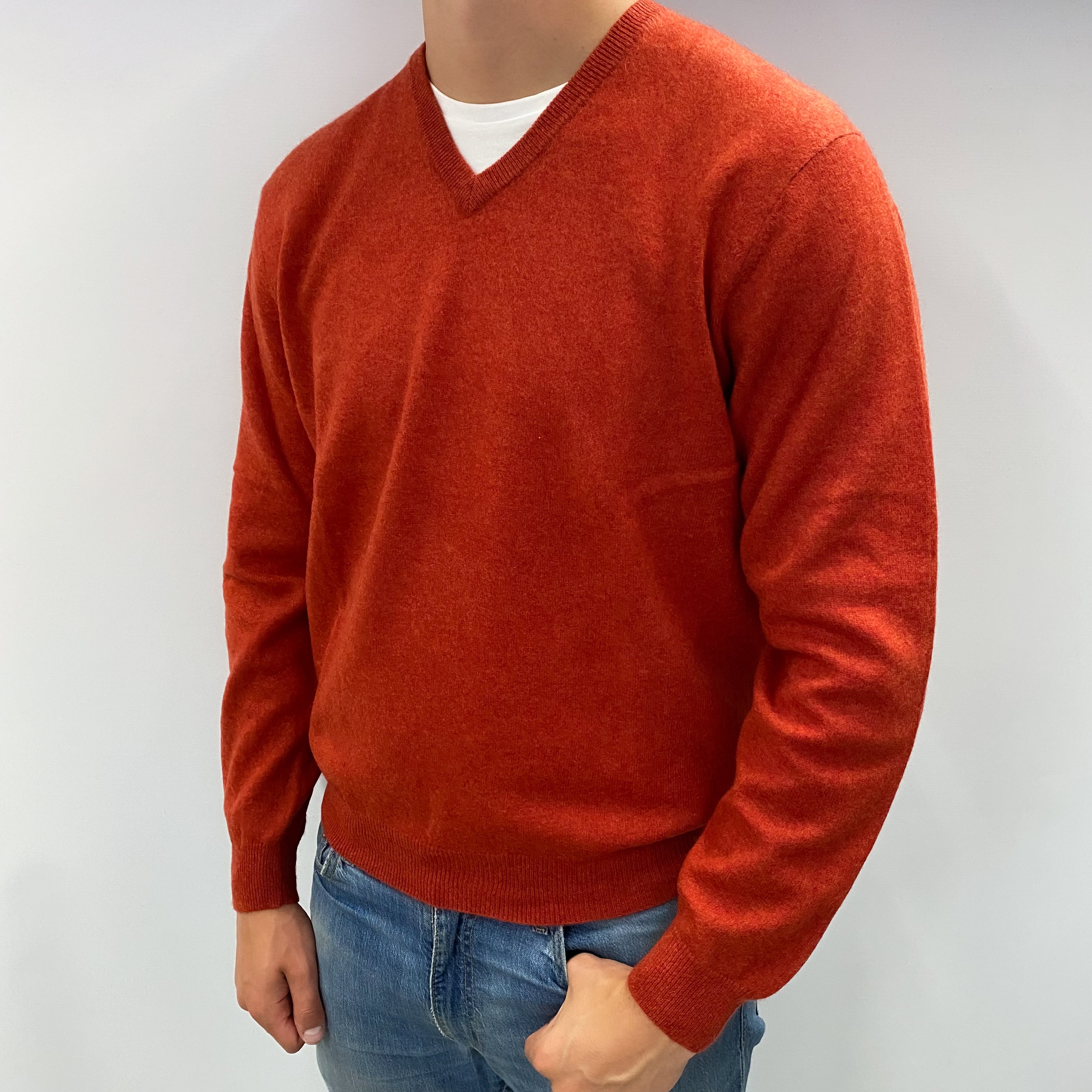 Men's Pumpkin Orange Cashmere V Neck Jumper XL