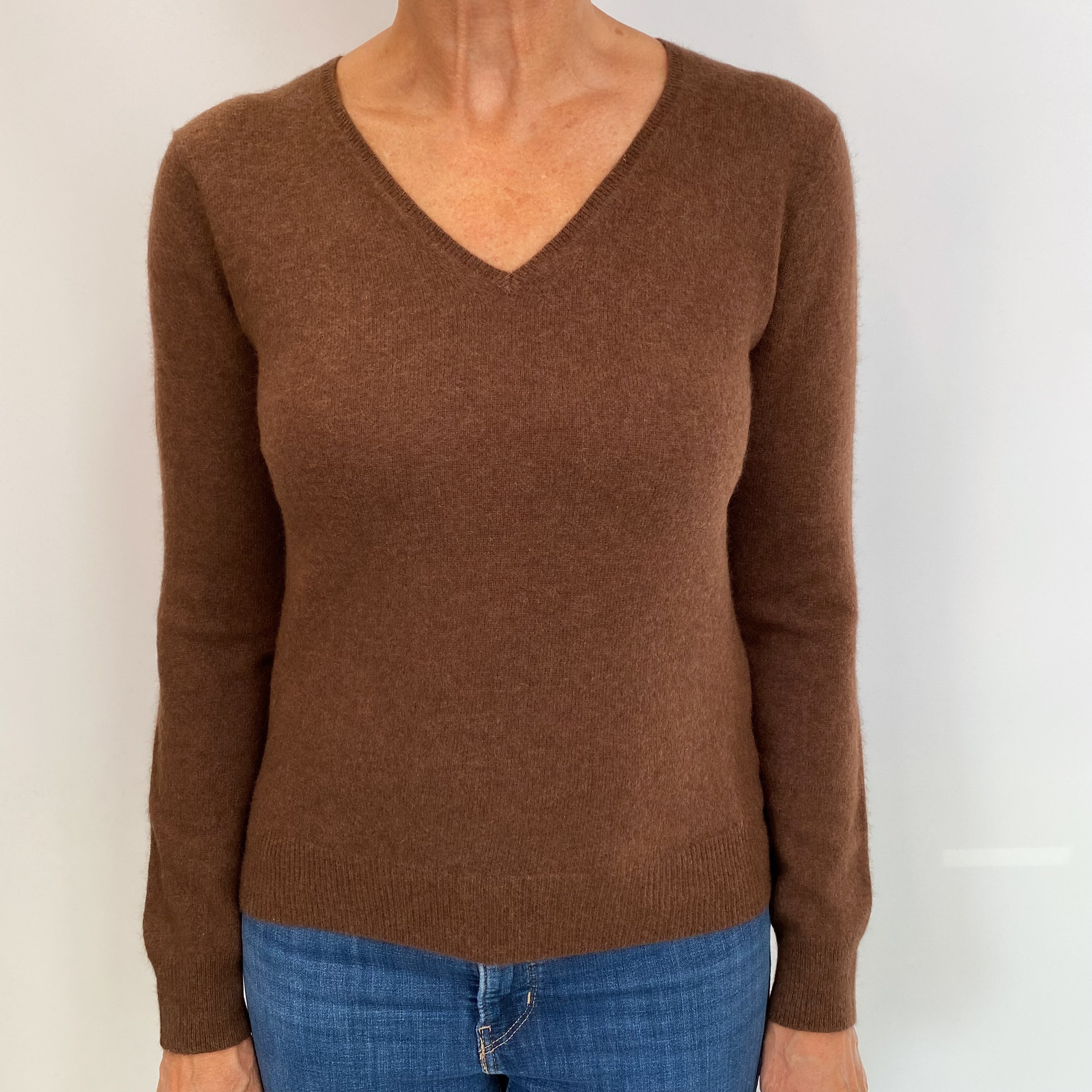 Walnut Brown Cashmere V Neck Jumper Medium