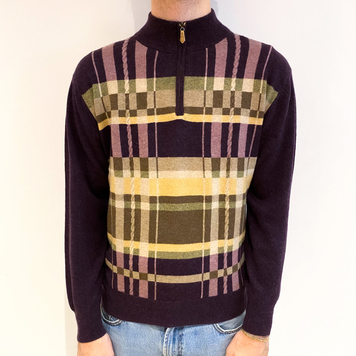 Men's Deep Lavender Checked Cashmere 1/4 Zip Up V Neck Jumper Medium