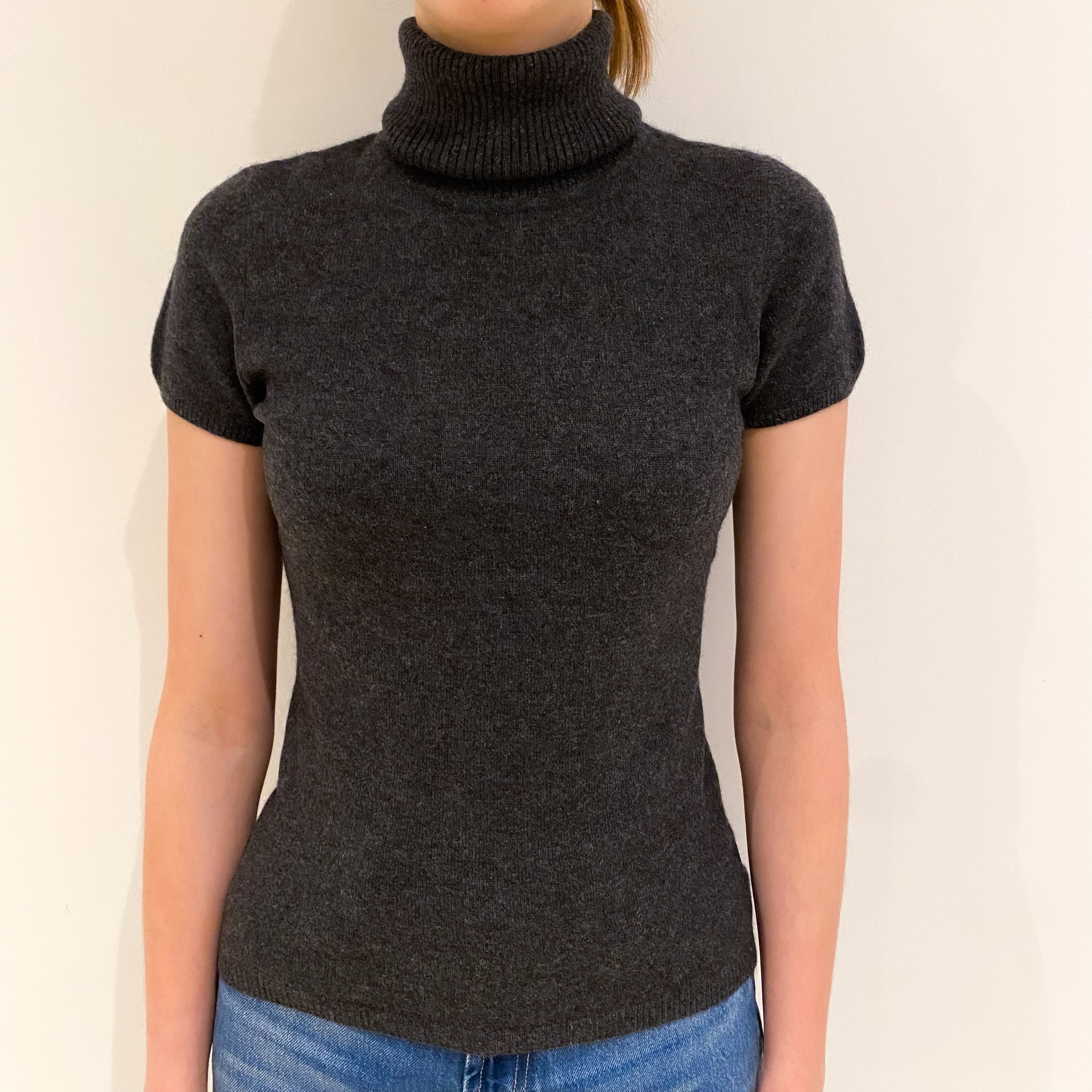 Charcoal Grey Cashmere Short Sleeve Polo Neck Jumper Extra Small