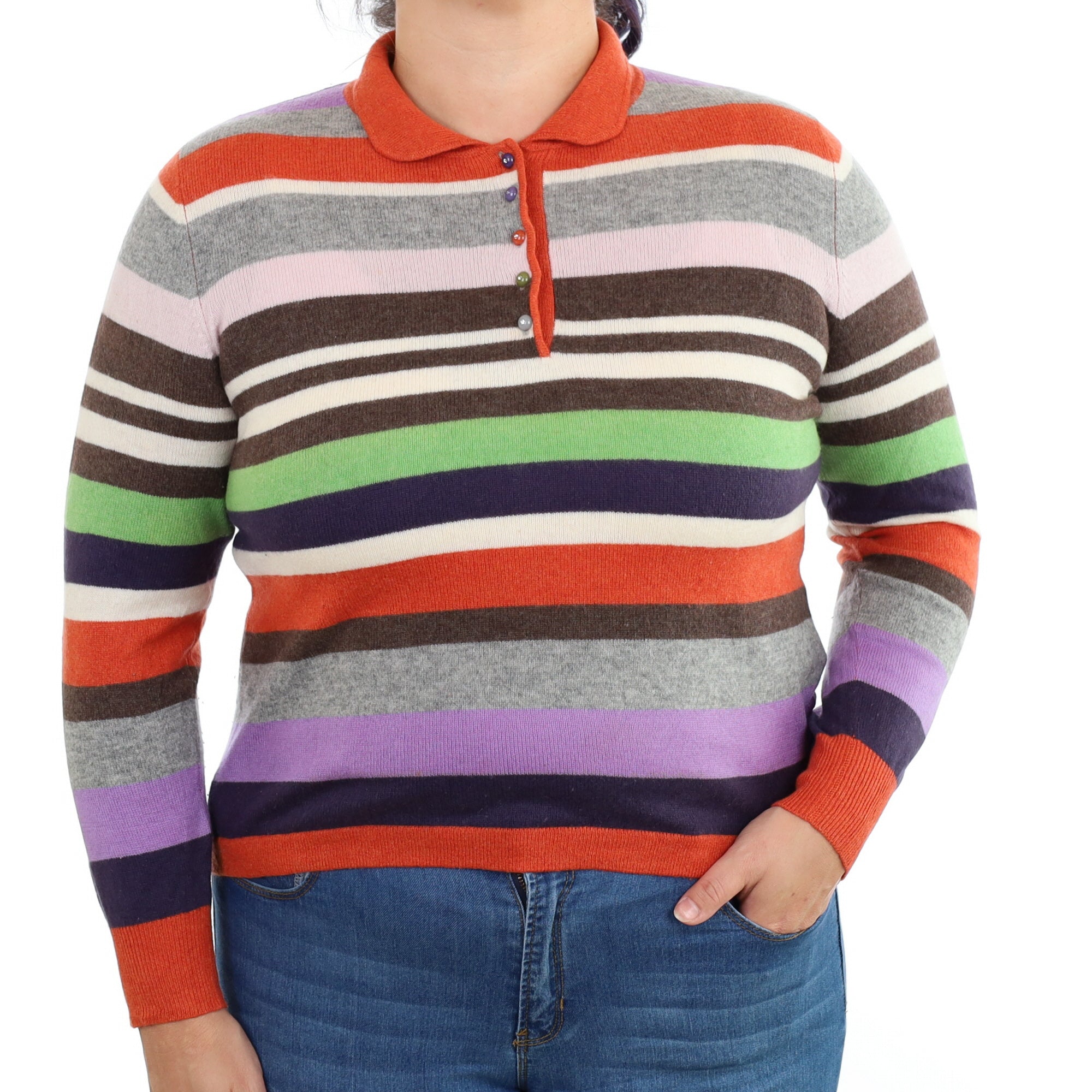 Multi Colour Stripe Cashmere Collared Crew Neck Jumper Large