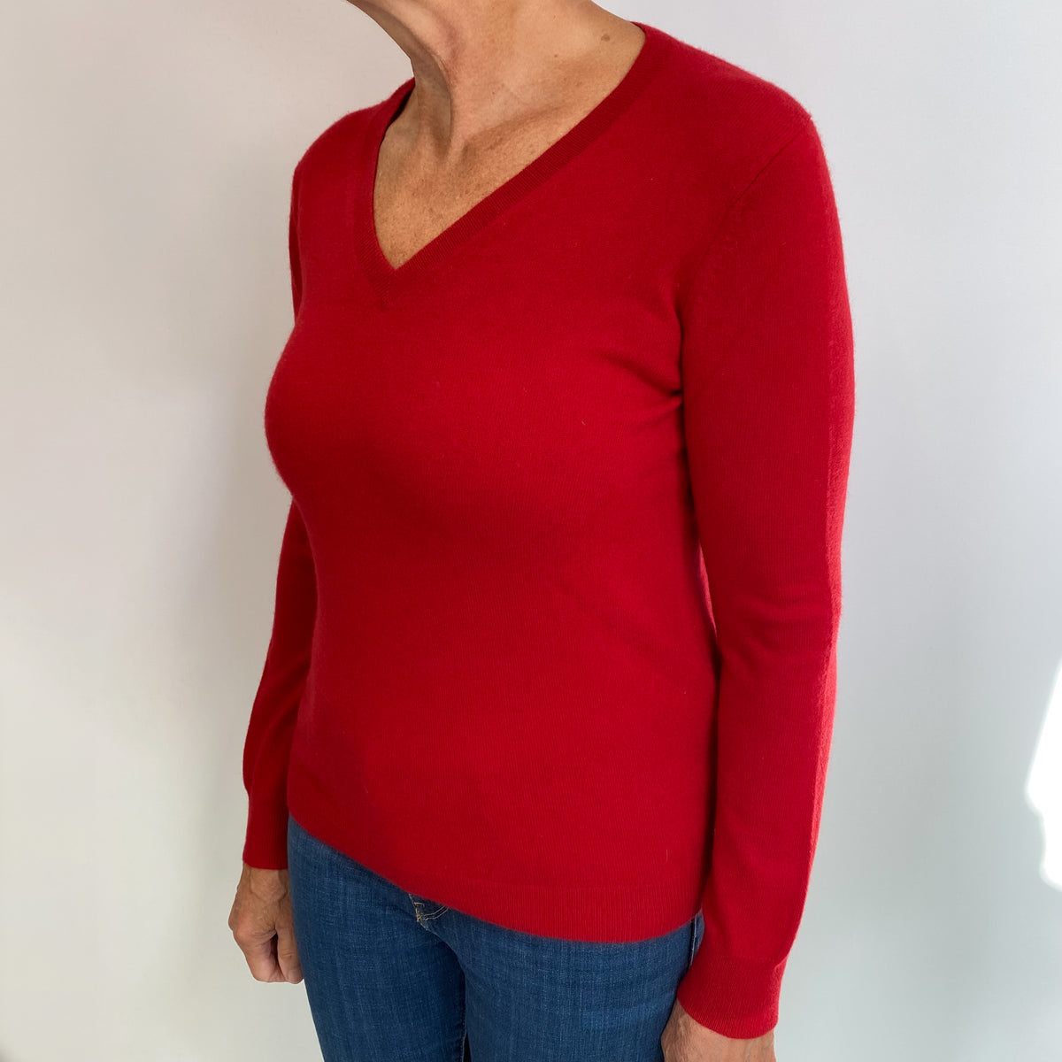 Tomato Red Cashmere V Neck Jumper Medium