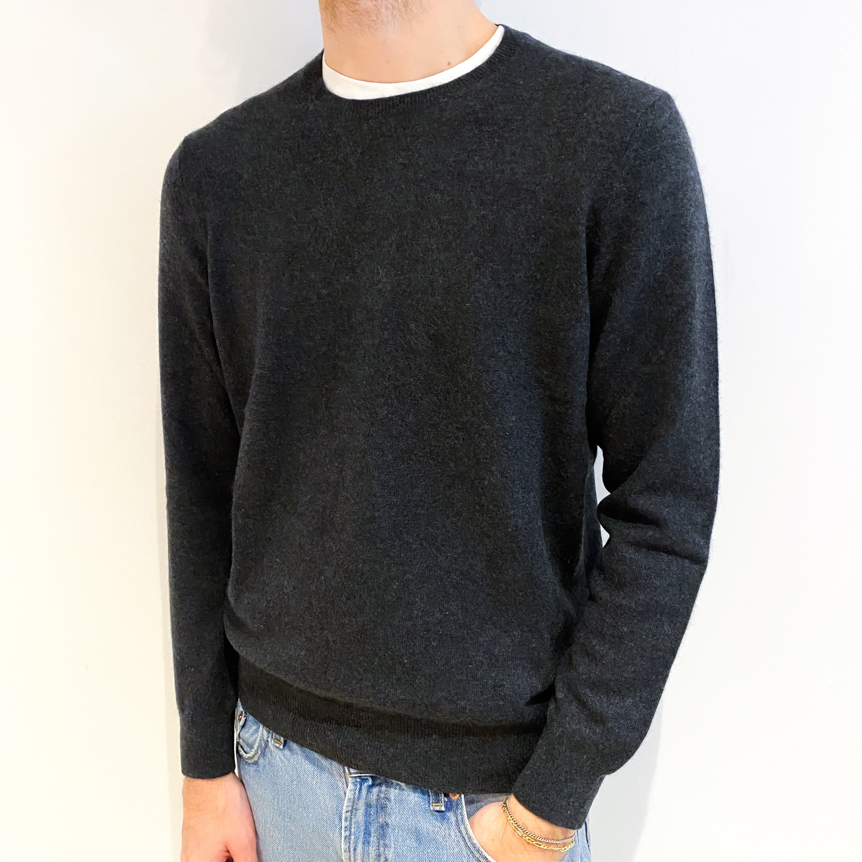 Men's Charcoal Grey Cashmere Crew Neck Jumper Large
