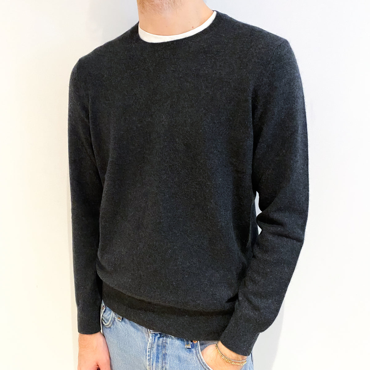 Men's Charcoal Grey Cashmere Crew Neck Jumper Large