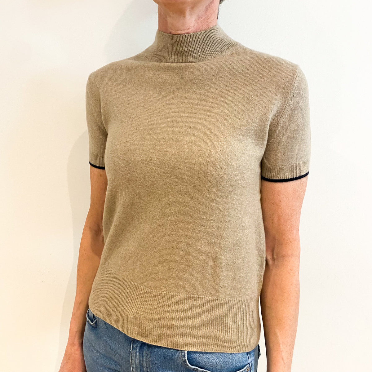 Oatmeal Beige Cashmere Turtle Neck Short Sleeved Jumper Small
