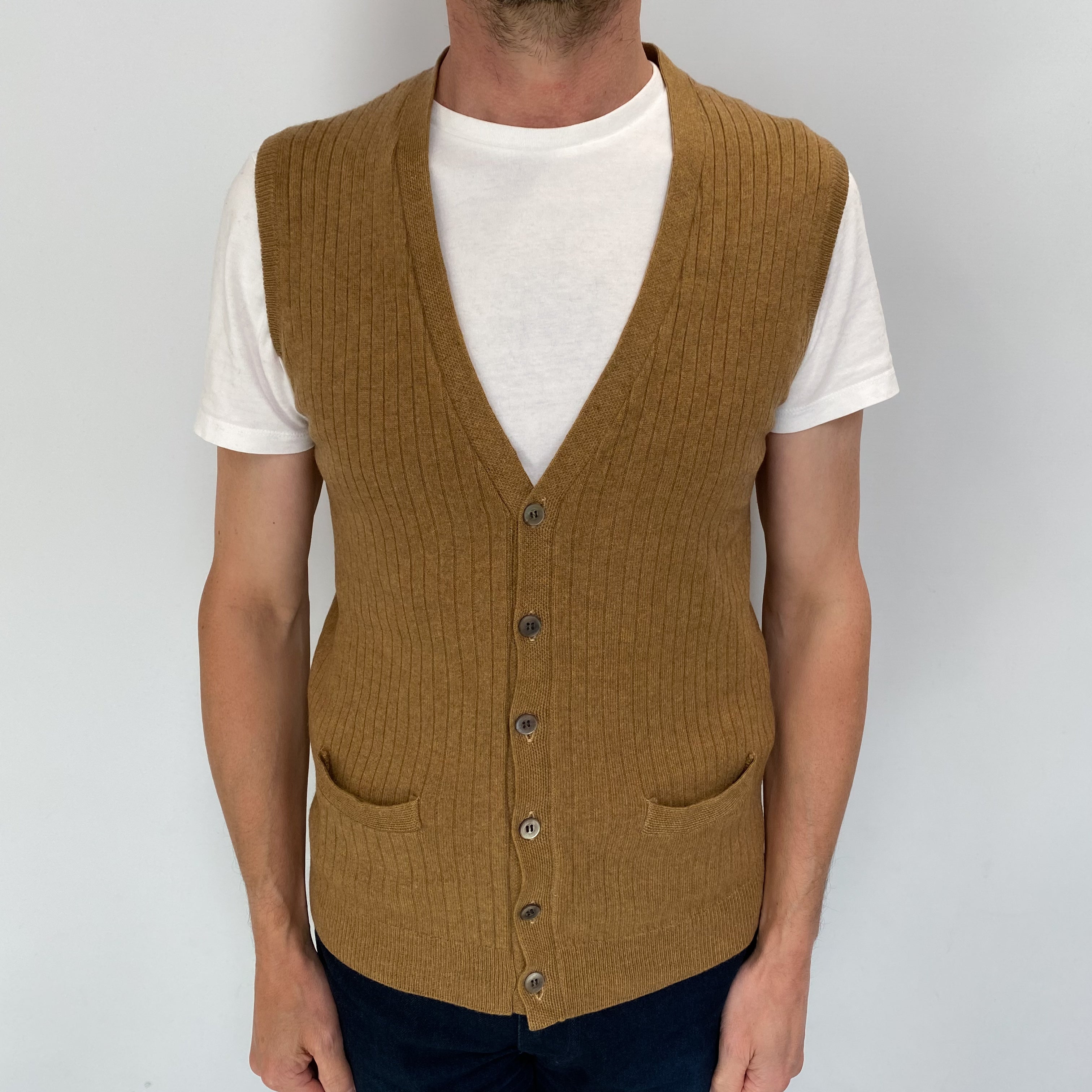 Men's Butterscotch Brown Cashmere V Neck Sleeveless Cardigan Small