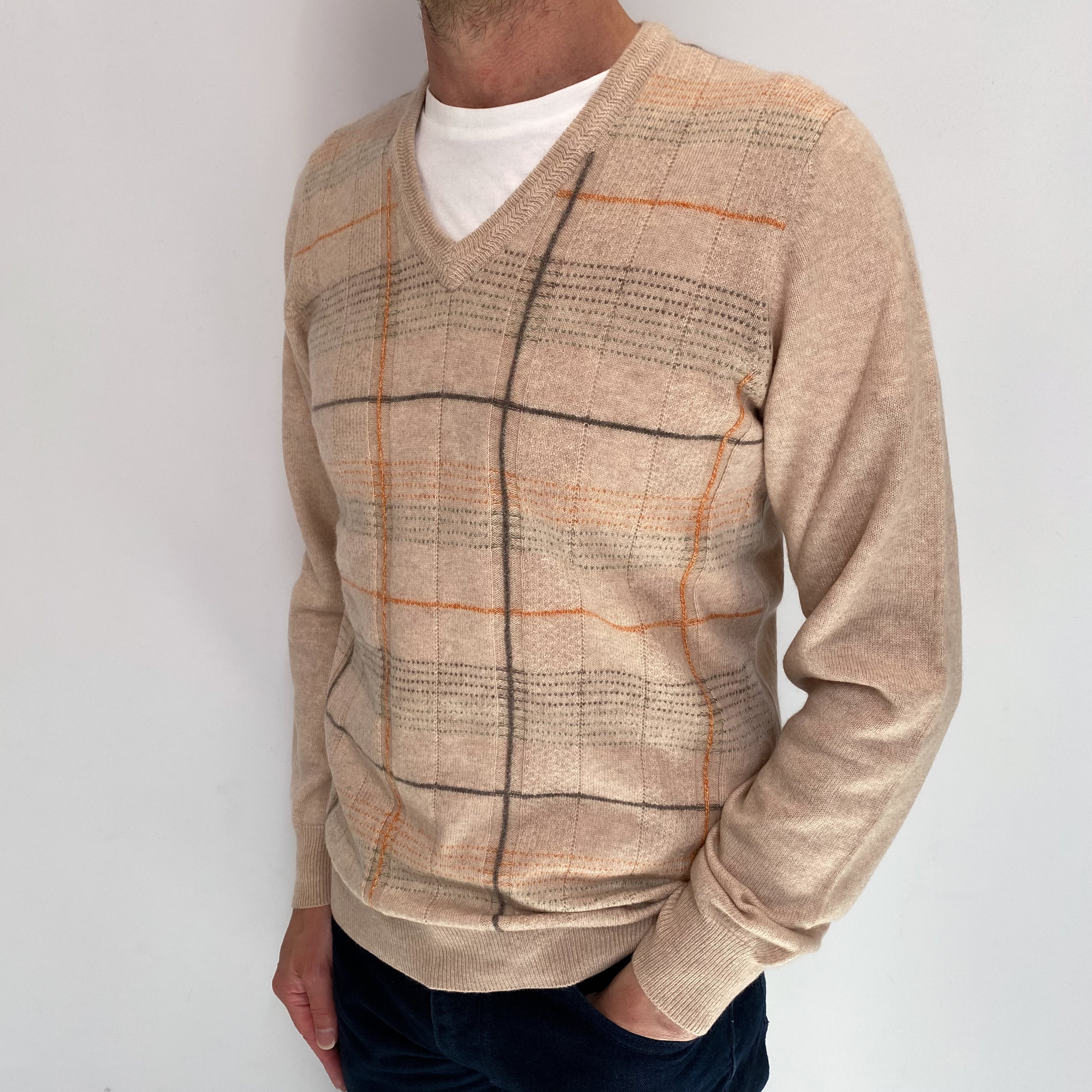 Men's Biscuit Checked Cashmere V Neck Jumper Small