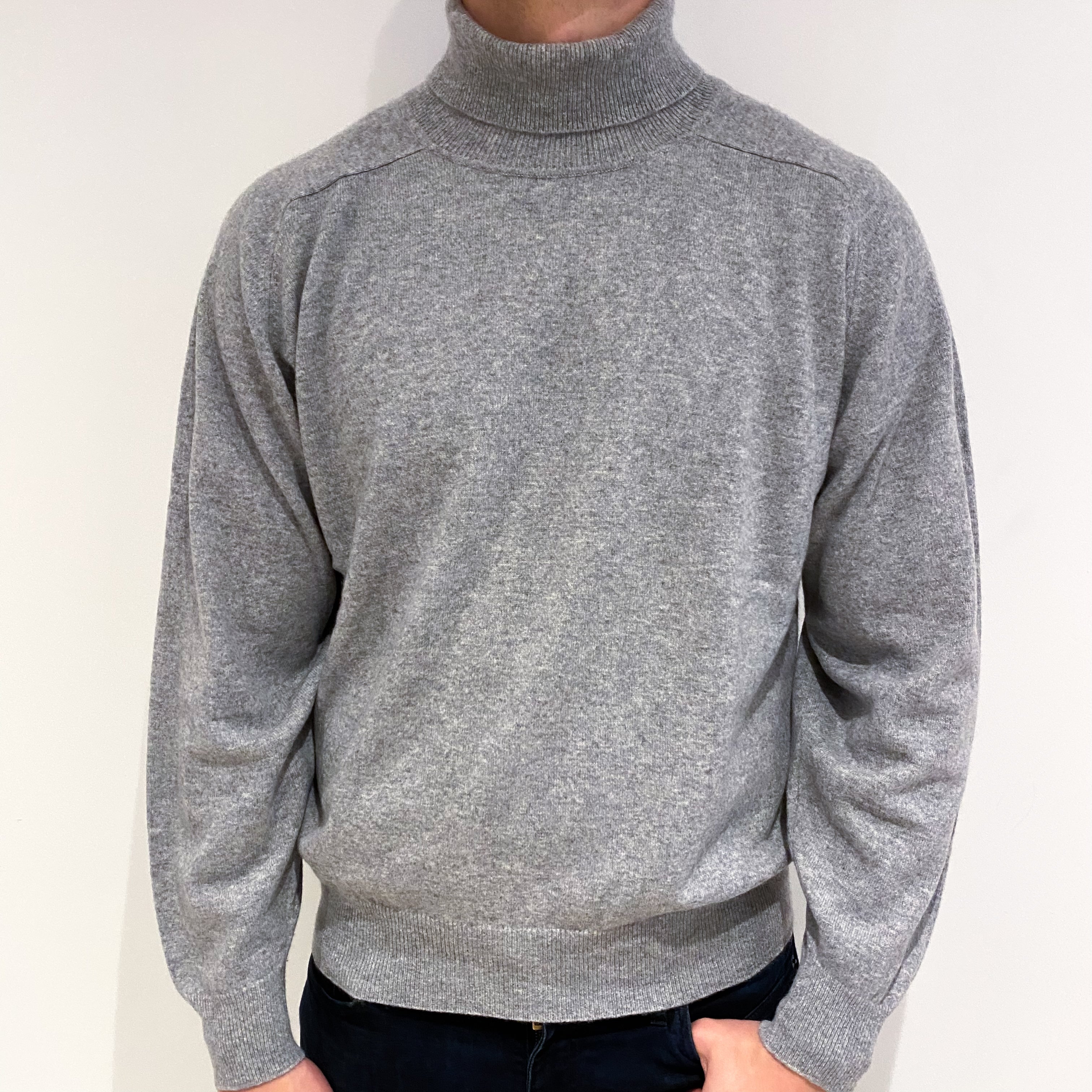 Men's Smoke Grey Cashmere Polo Neck Jumper Extra Large