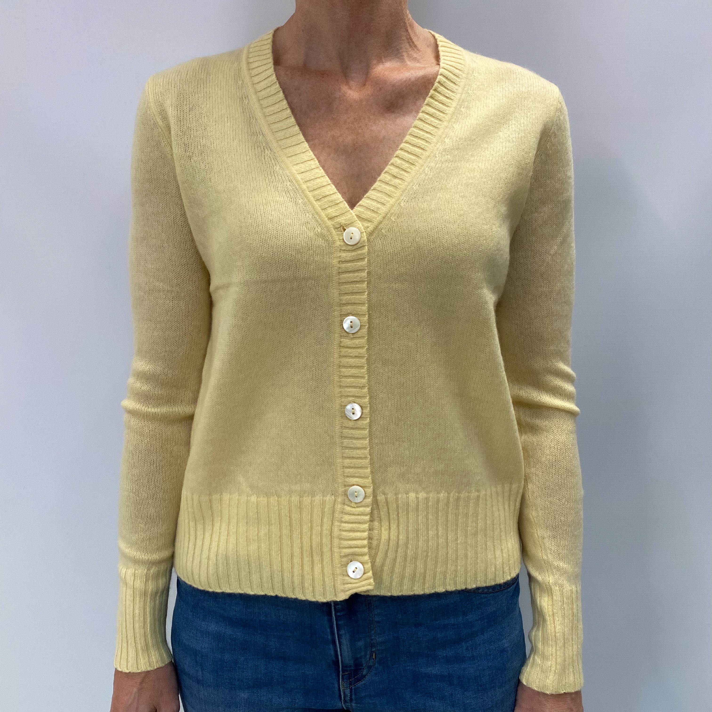 Primrose Yellow Cashmere Crew Neck Cardigan Small