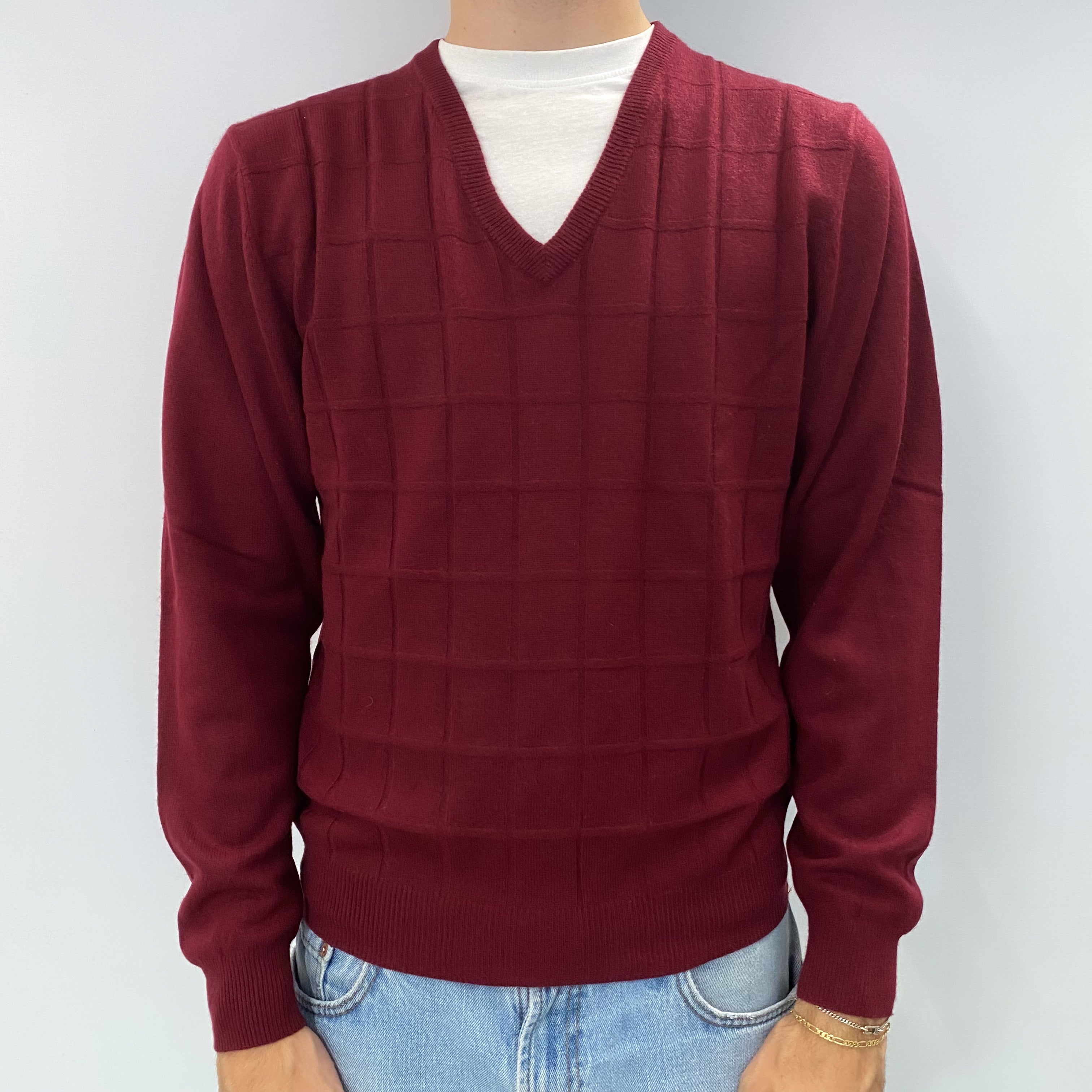 Men's Wine Purple Cashmere V Neck Jumper Large