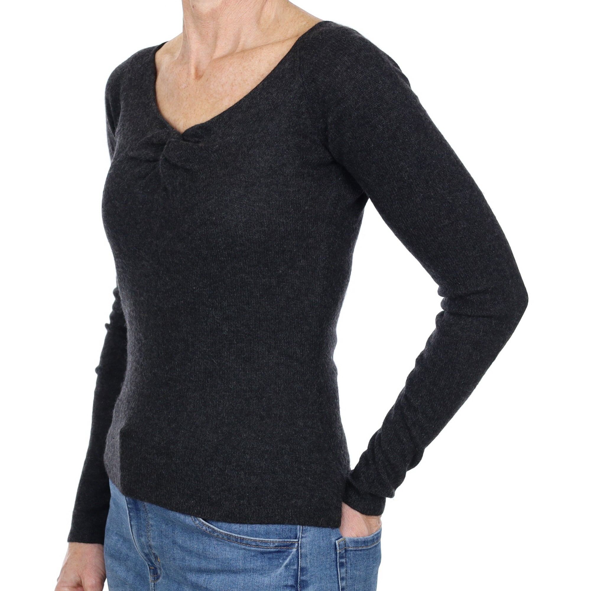 Charcoal Grey Cashmere Knot Front V Neck Jumper Small
