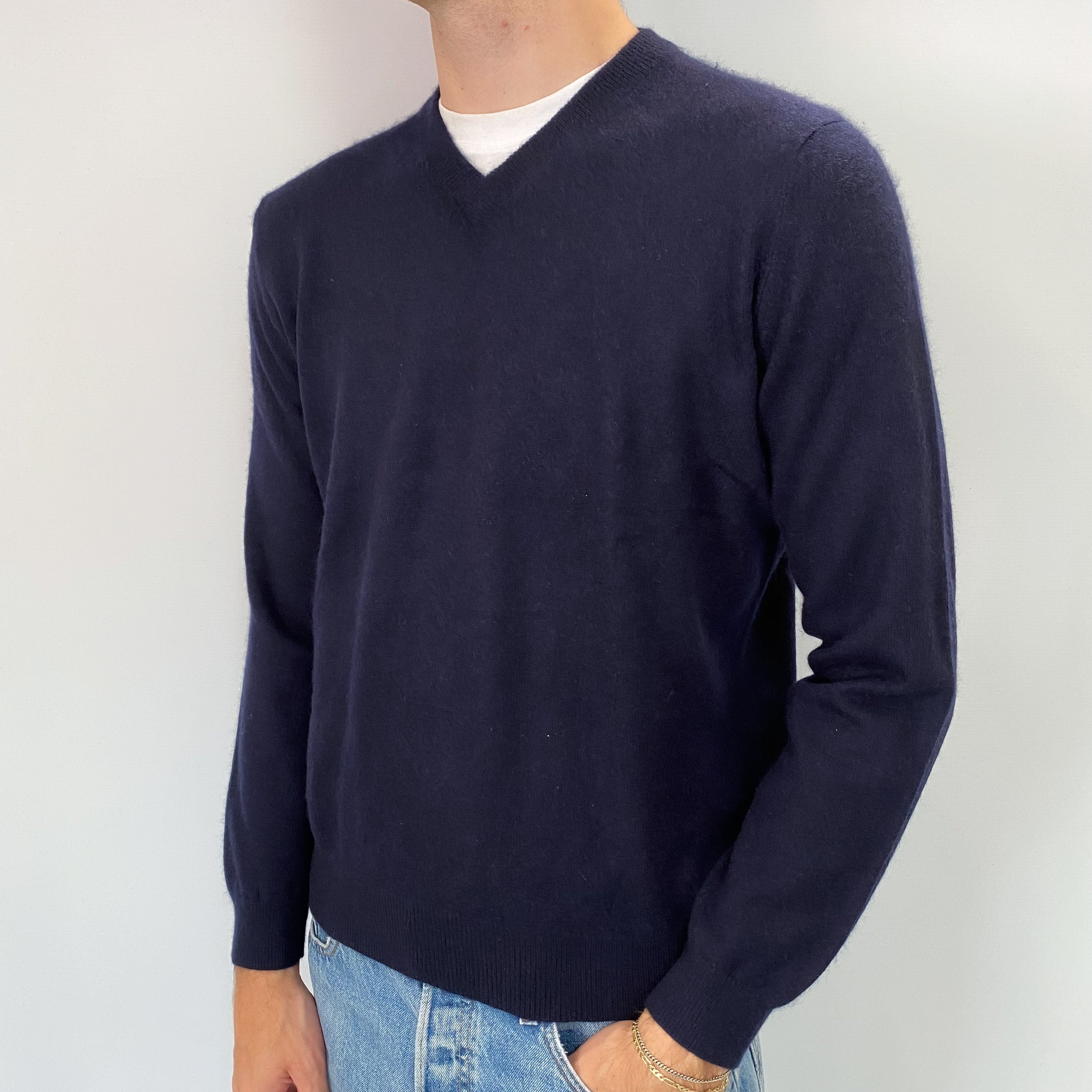 Men's Navy Cashmere V Neck Jumper Medium