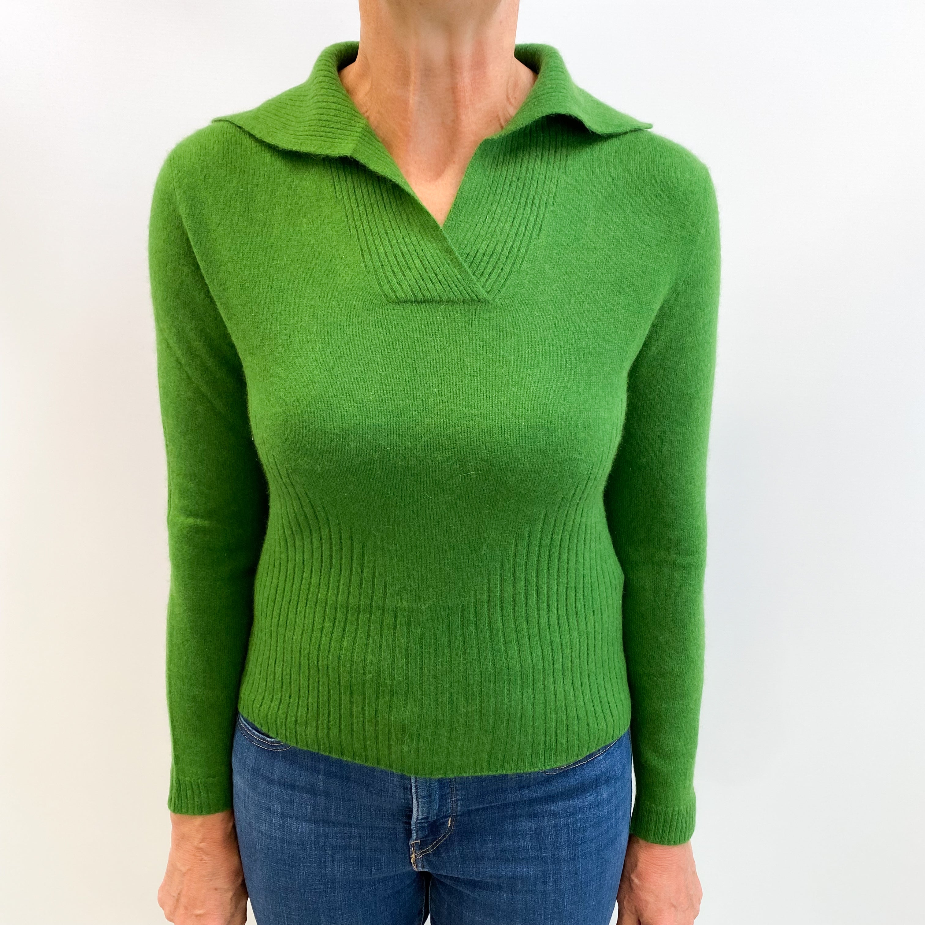 Fern Green Cashmere Collared V Neck Jumper Medium