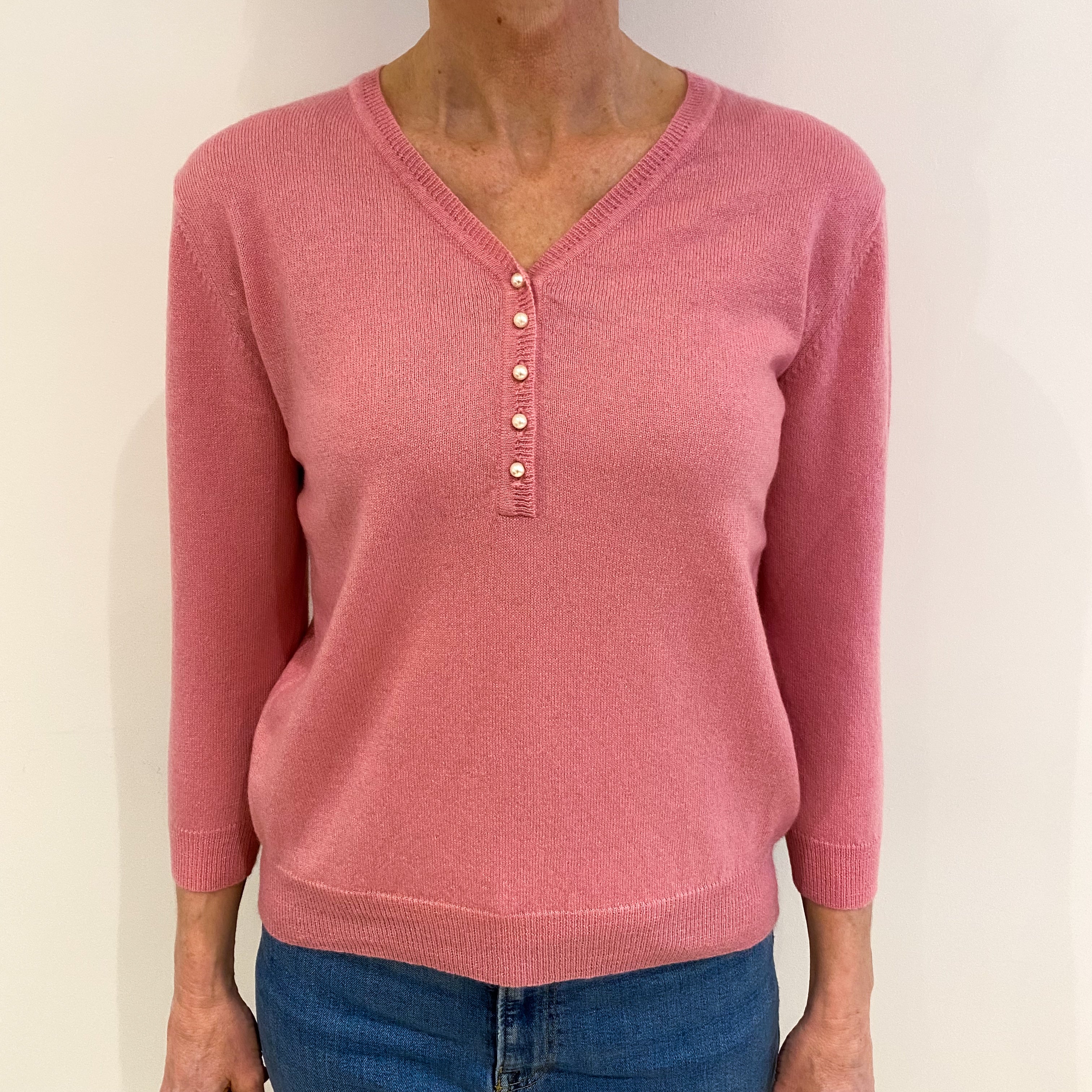 Sugarmouse Pink Cashmere 13/4 Button Up V Neck Jumper Small