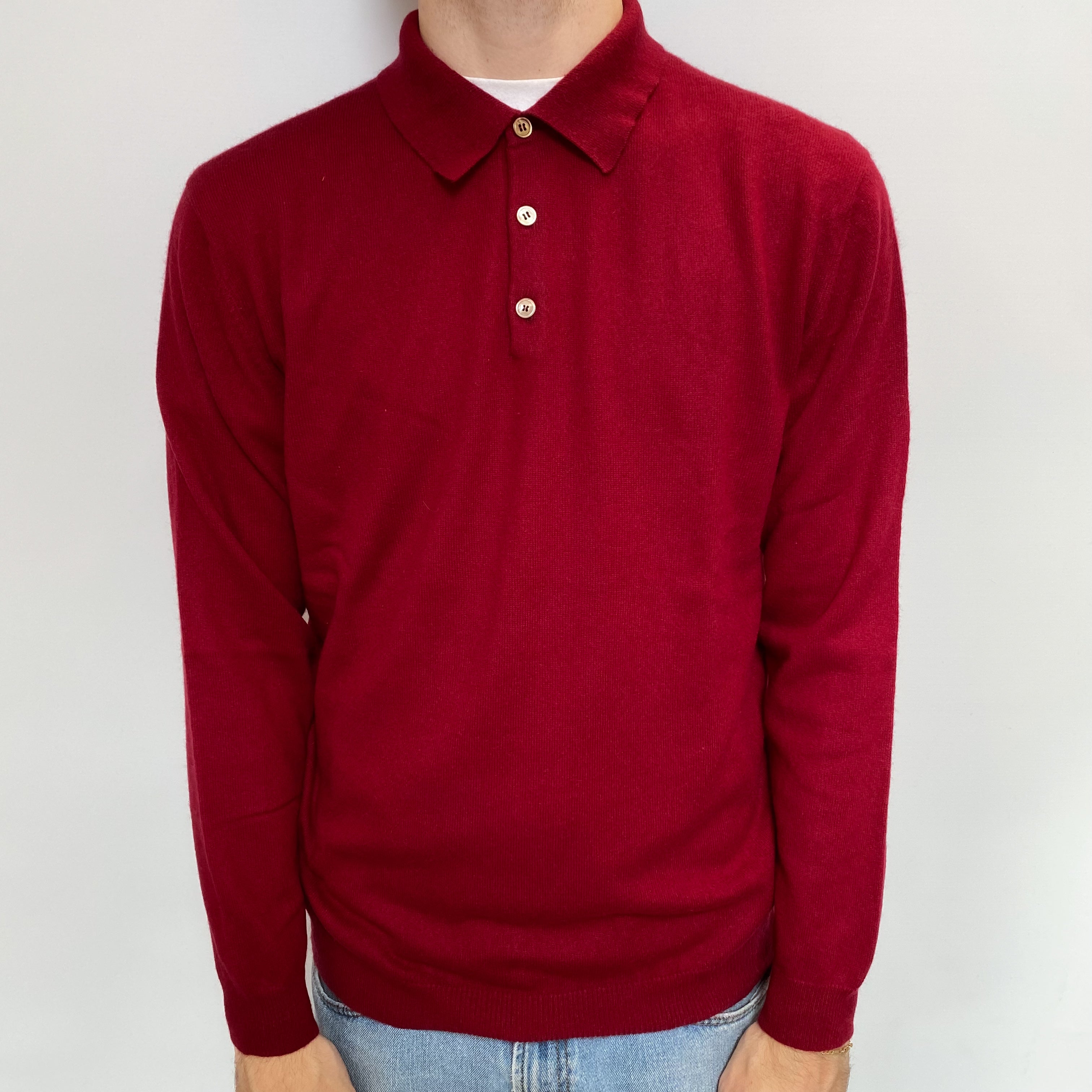 Men's Crimson Red Cashmere Collared 1/4 Button Jumper Large
