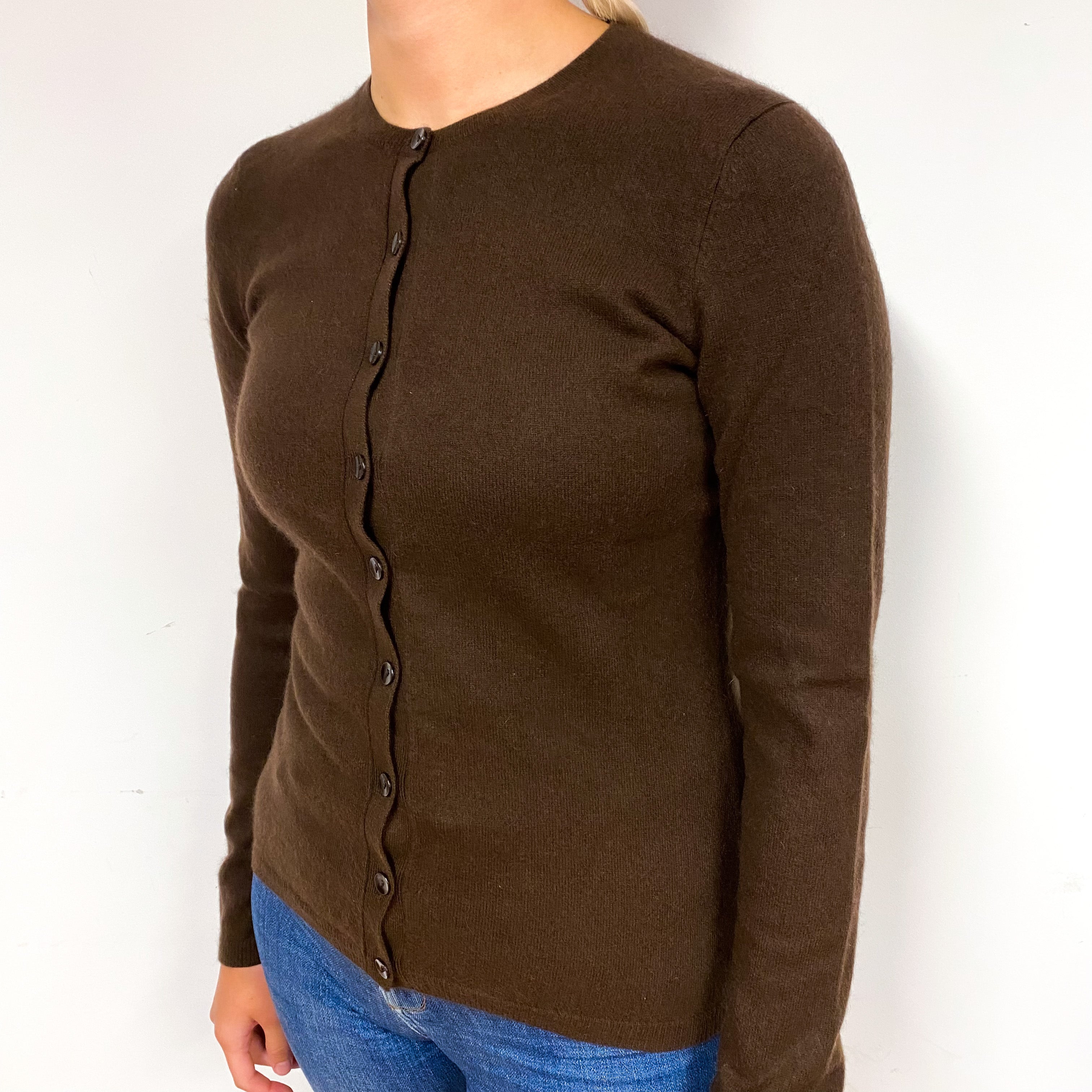 Chocolate Brown Cashmere Crew Neck Cardigan Small