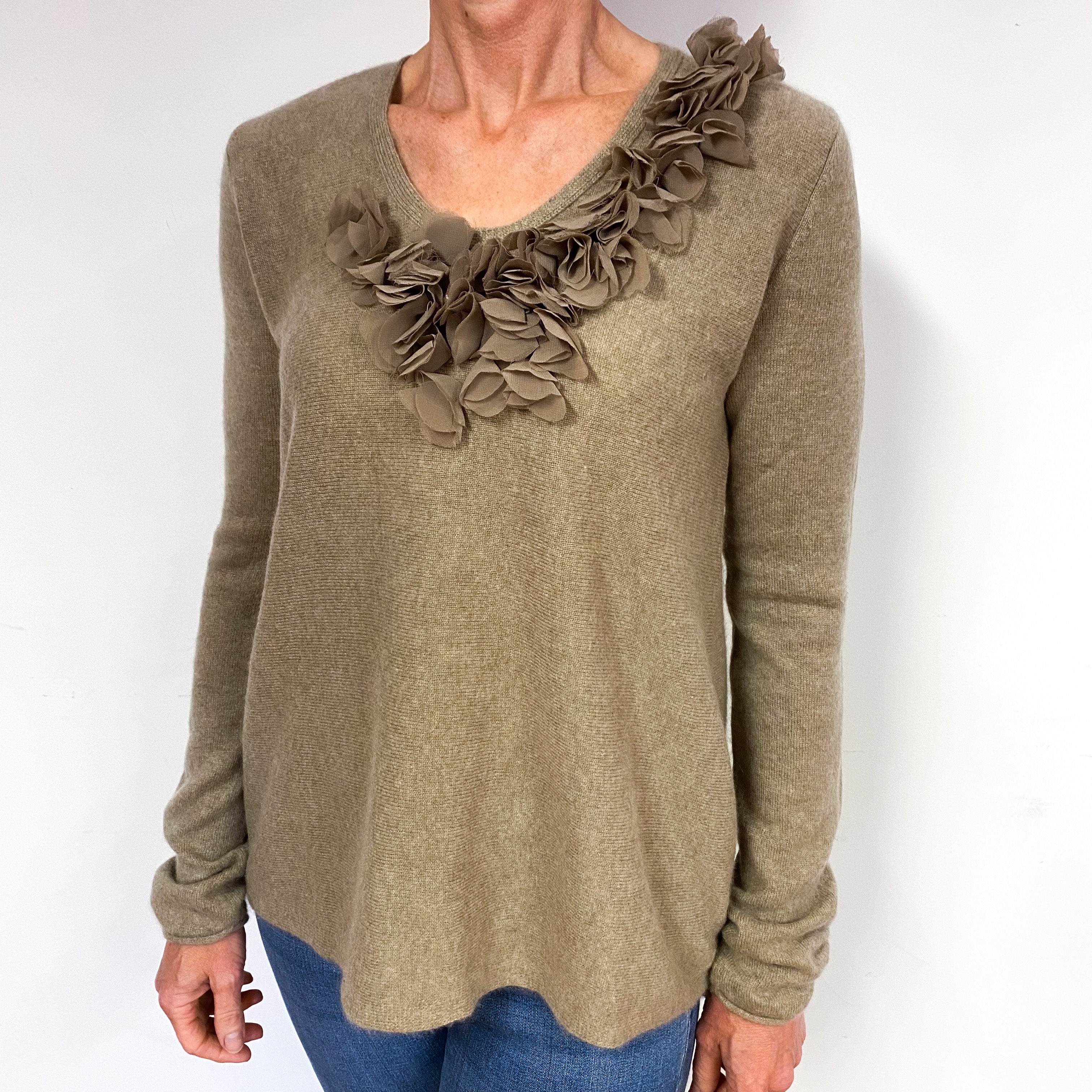 Mink Brown Chiffon Flower Cashmere V-Neck Jumper Medium