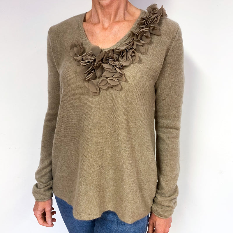 Mink Brown Chiffon Flower Cashmere V-Neck Jumper Medium