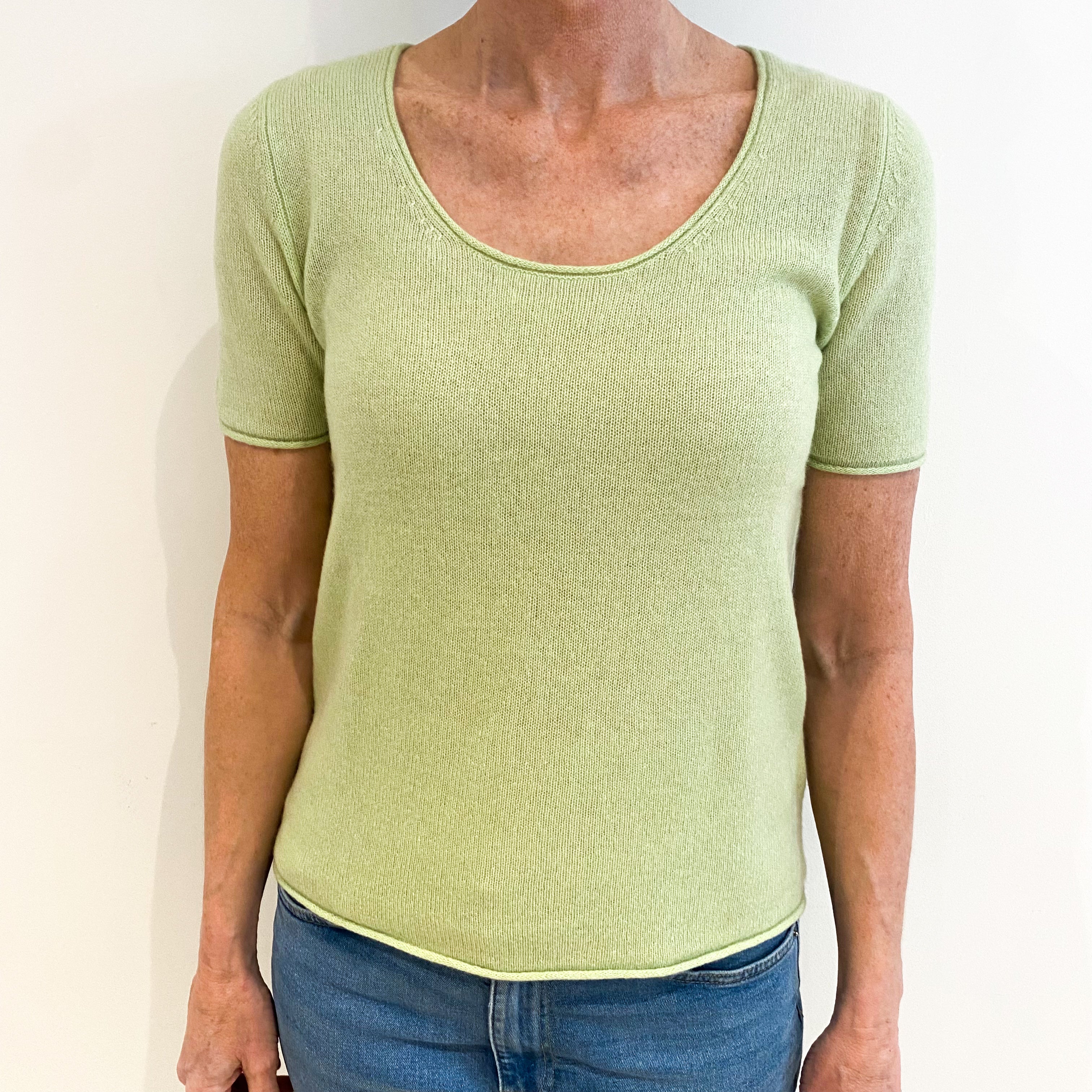 New Bright Lime Green Cashmere Scoop Neck Short Sleeved Jumper Small
