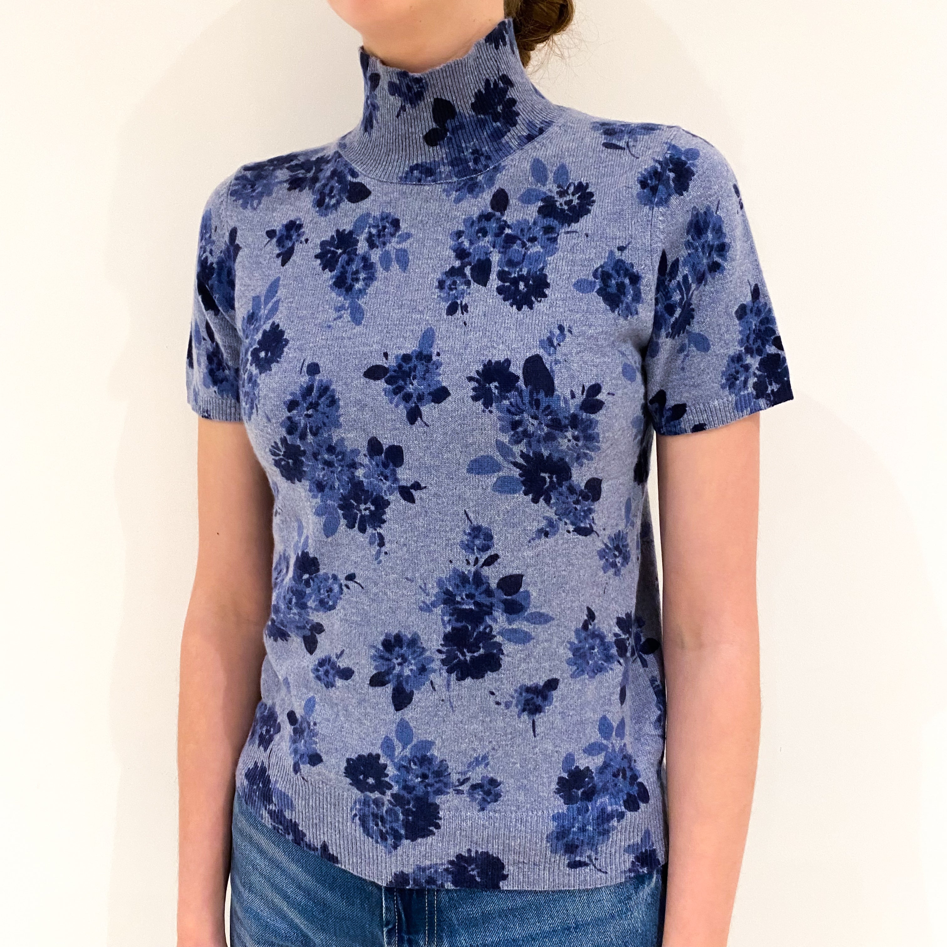 Denim Blue Floral Cashmere Short Sleeve Jumper Extra Small
