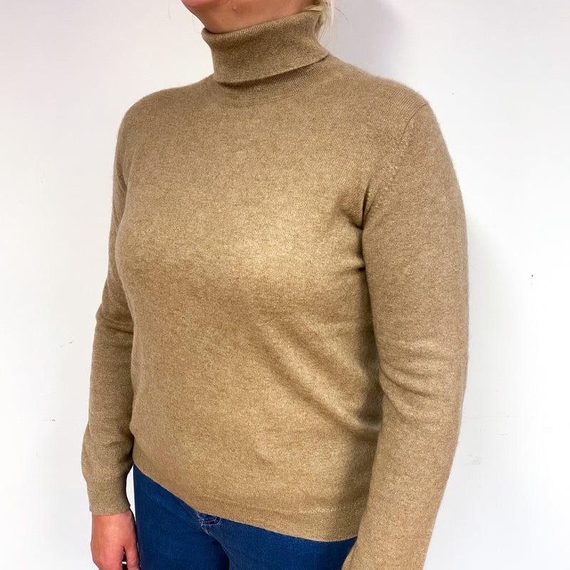 Camel Brown Cashmere Polo Neck Jumper Large
