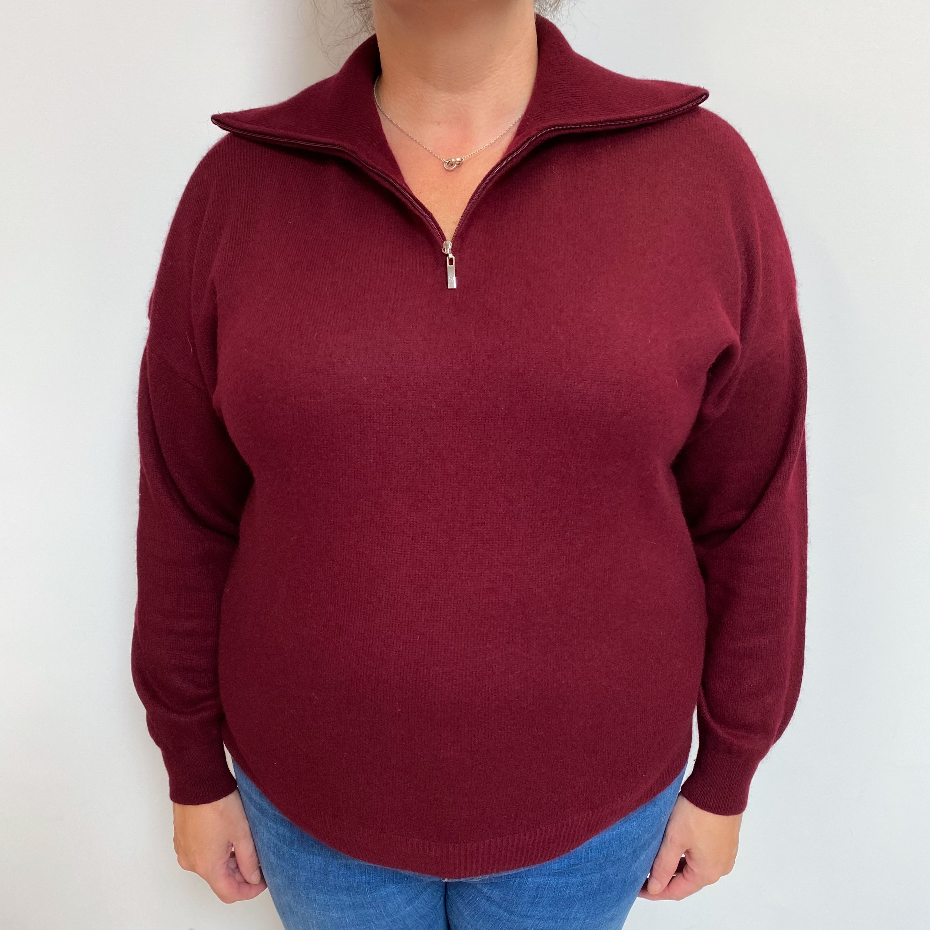 Burgundy Red Cashmere Quarter Zip Collared Polo Neck Jumper Extra Large