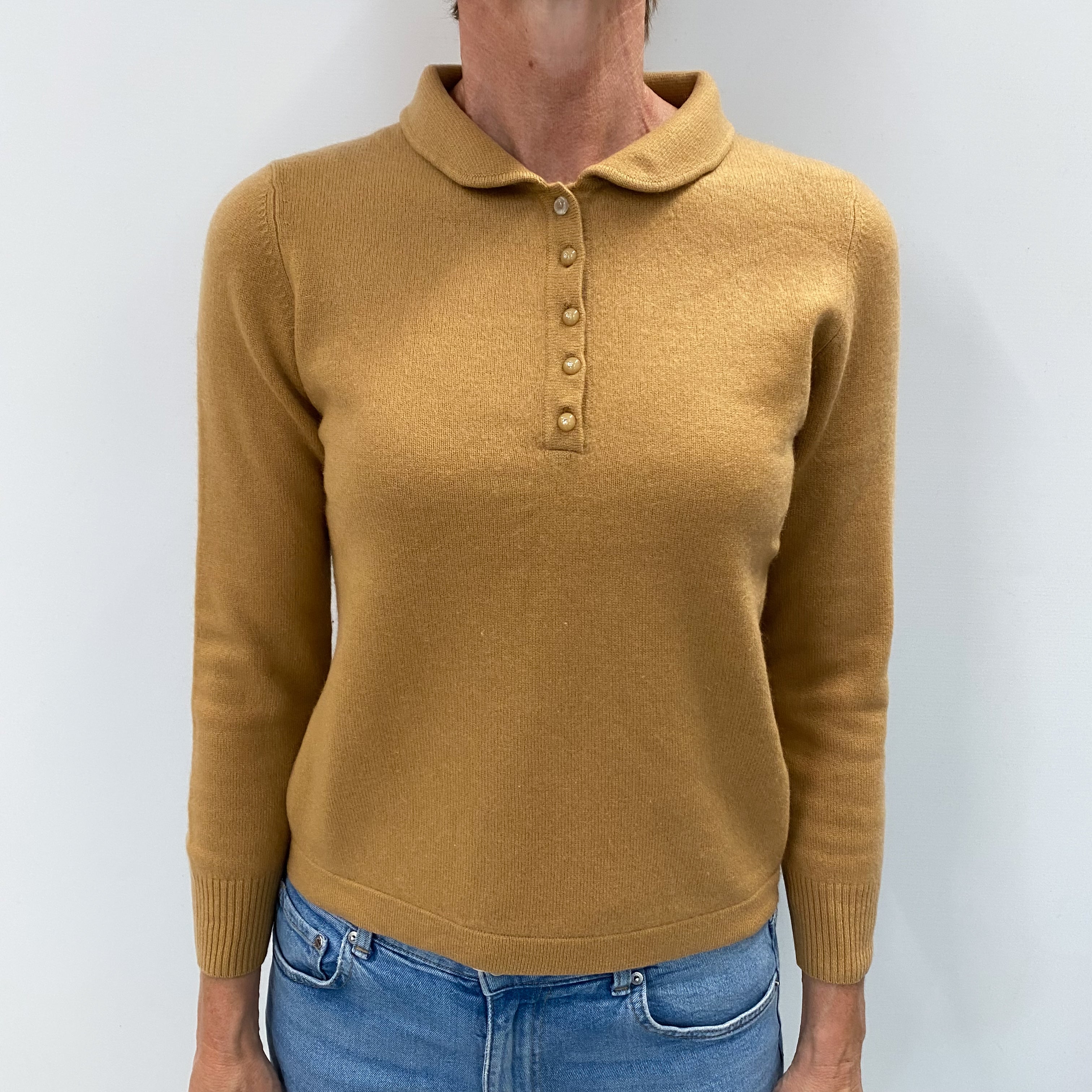 Butterscotch Brown Cashmere Collared V Neck Jumper Small
