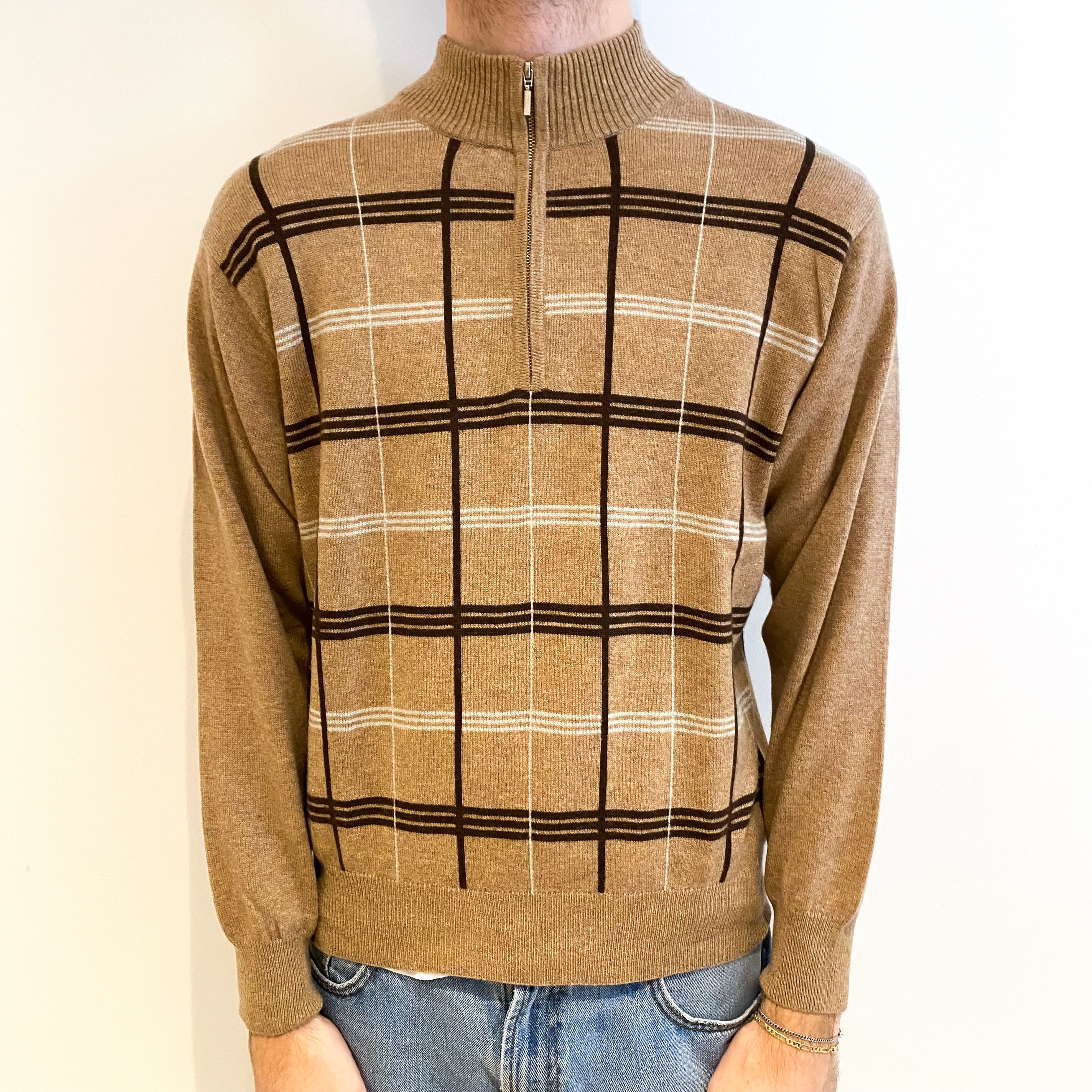 Men's Biscuit Brown Checked Cashmere Zip Polo Neck Jumper Large