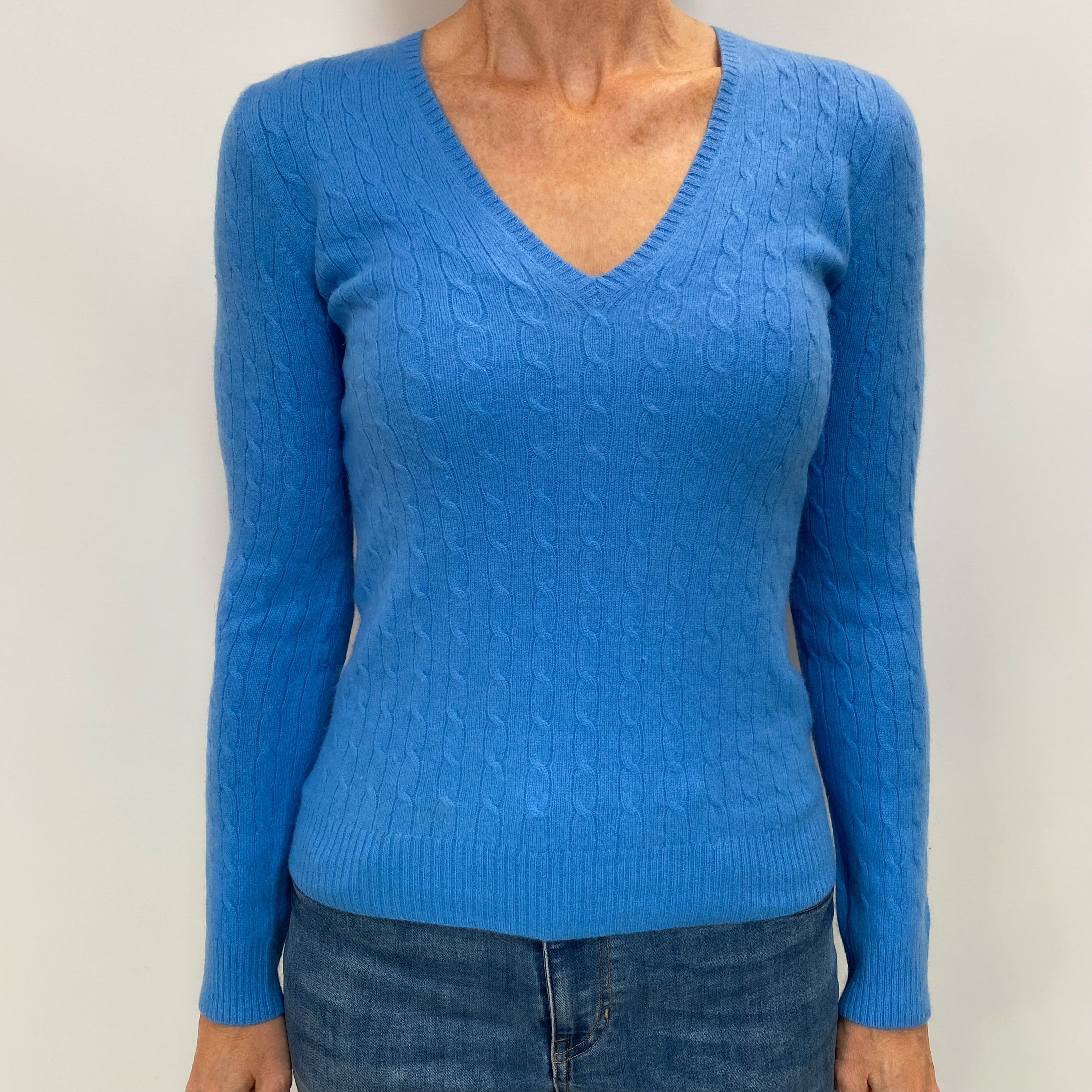 Cornflower Blue Cashmere V Neck Cable Knit Jumper Small
