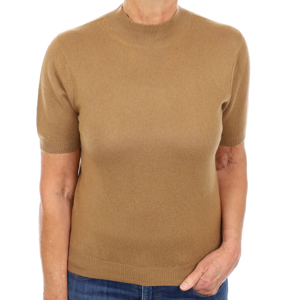 Toffee Brown Cashmere Short Sleeve Turtle Neck Jumper Medium