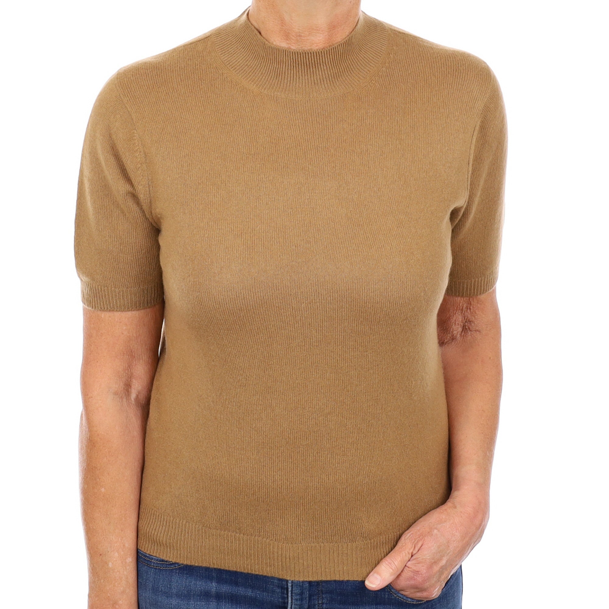 Toffee Brown Cashmere Short Sleeve Turtle Neck Jumper Medium