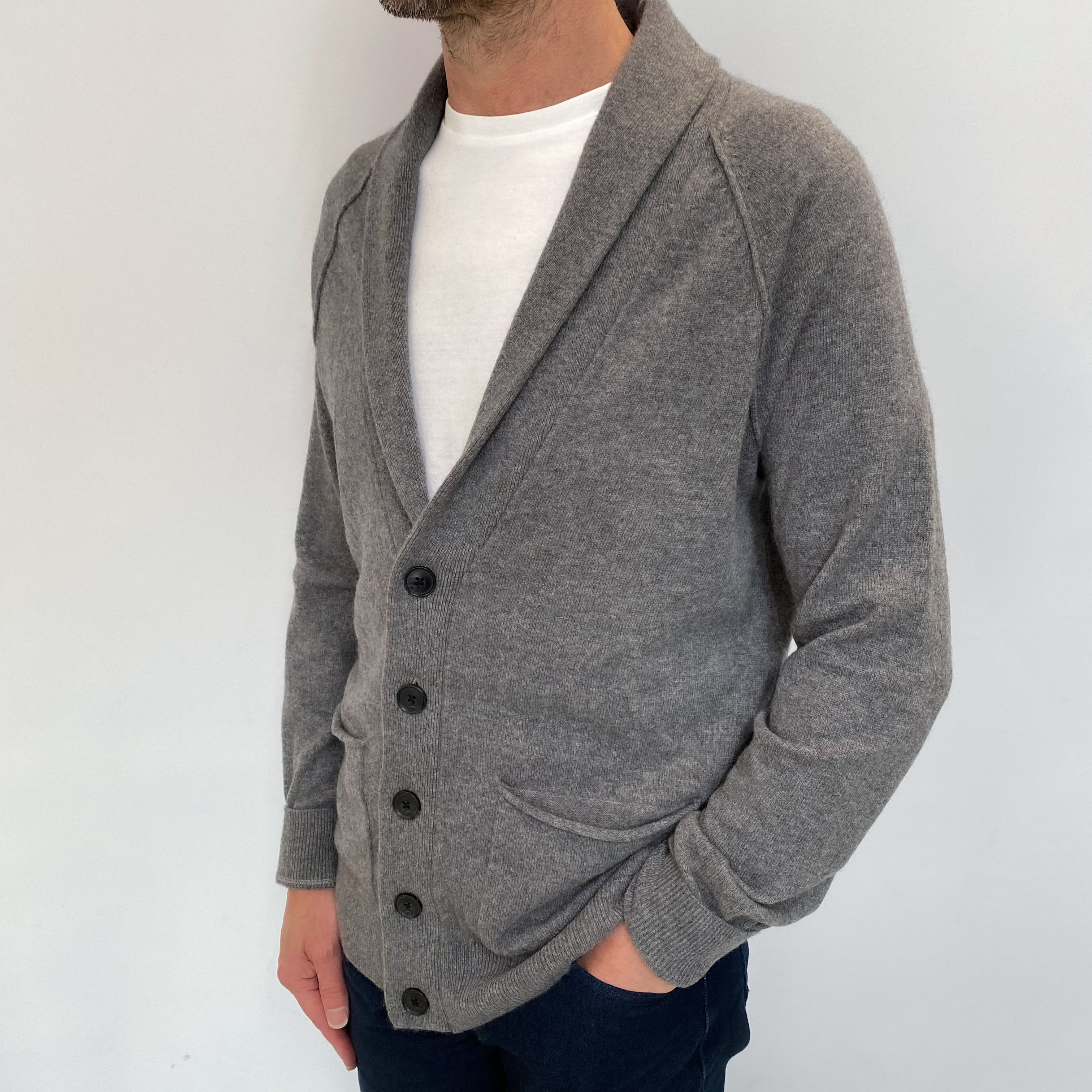 Men's Slate Grey Cashmere Shawl Collared V Neck Cardigan Small