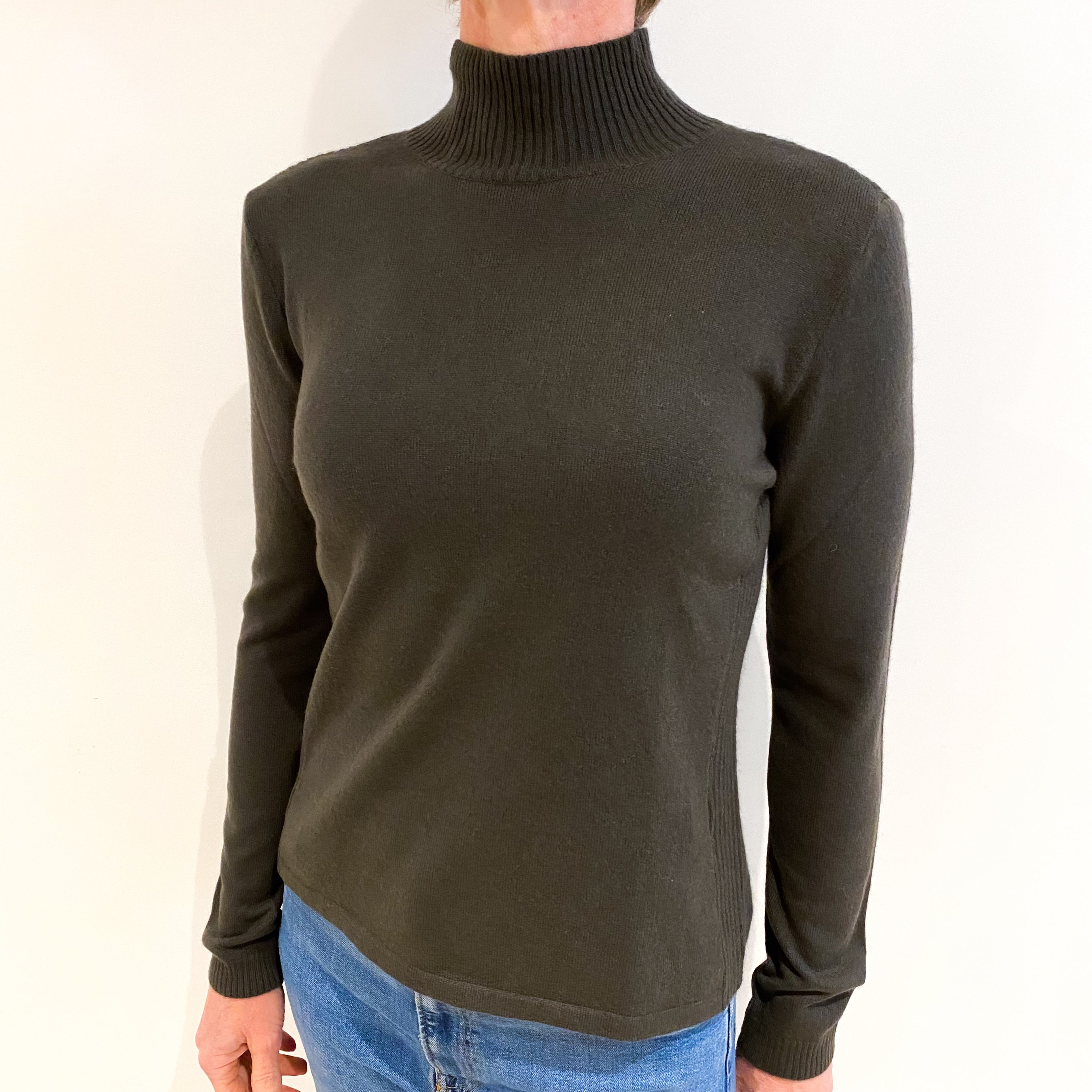 Deep Khaki Green Cashmere Turtle Neck Jumper Small