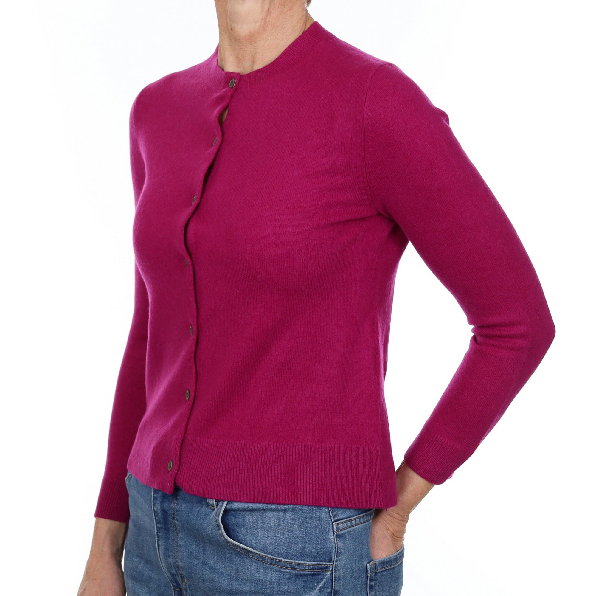 Deep Magenta Pink Cashmere Crew Neck Cardigan Small