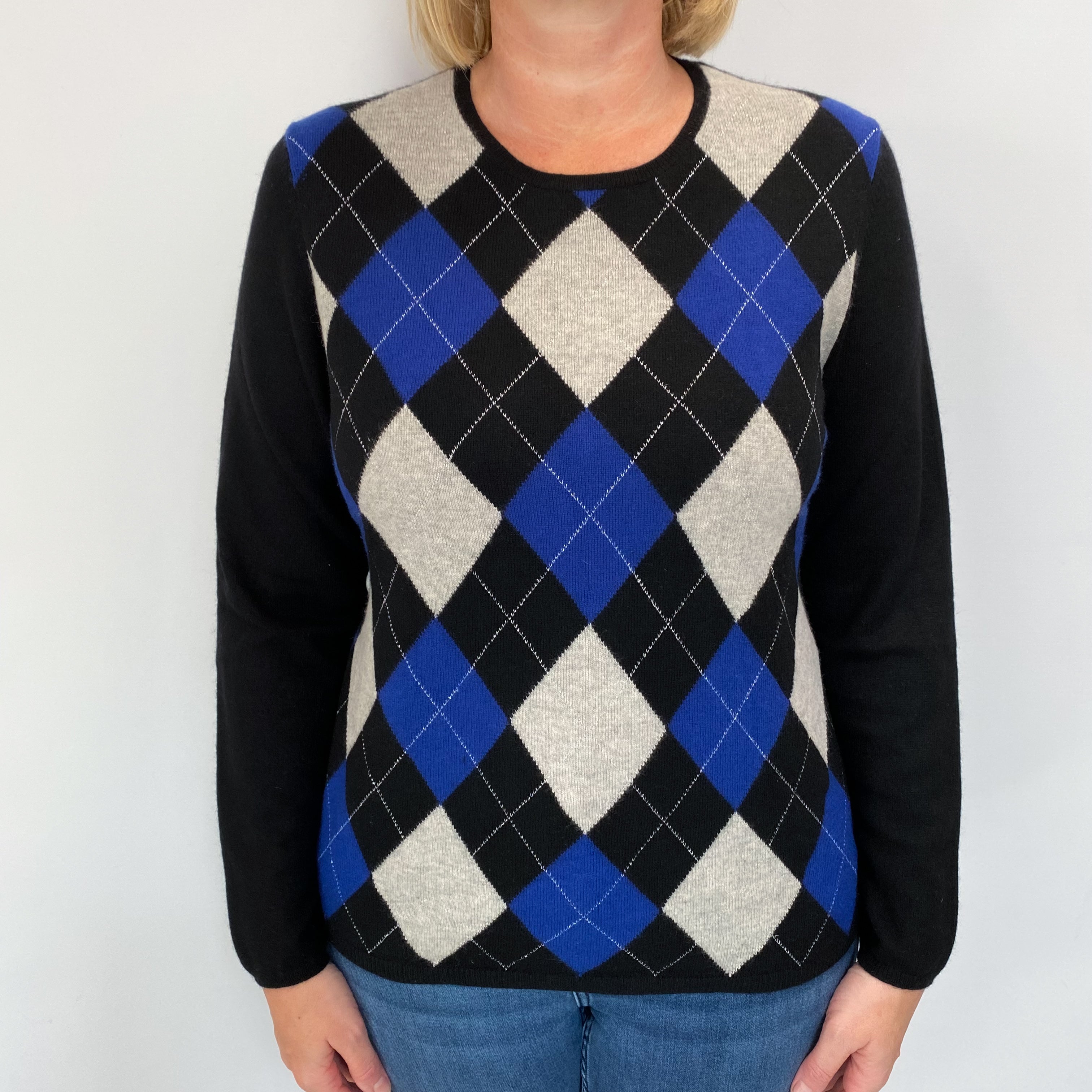 Black Argyle Cashmere Crew Neck Jumper Large