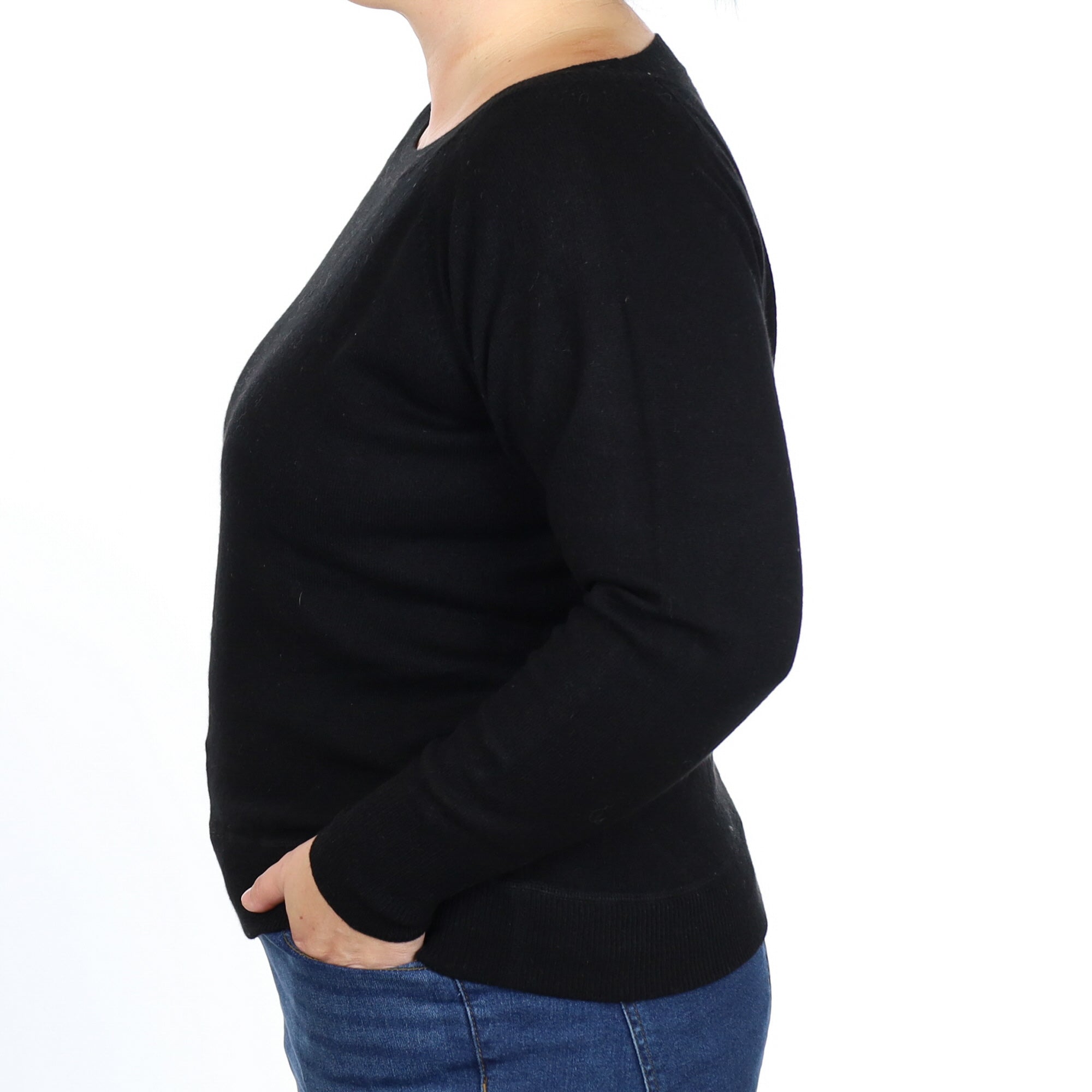 Black Cashmere Sweatshirt Style Boat Neck Jumper Large