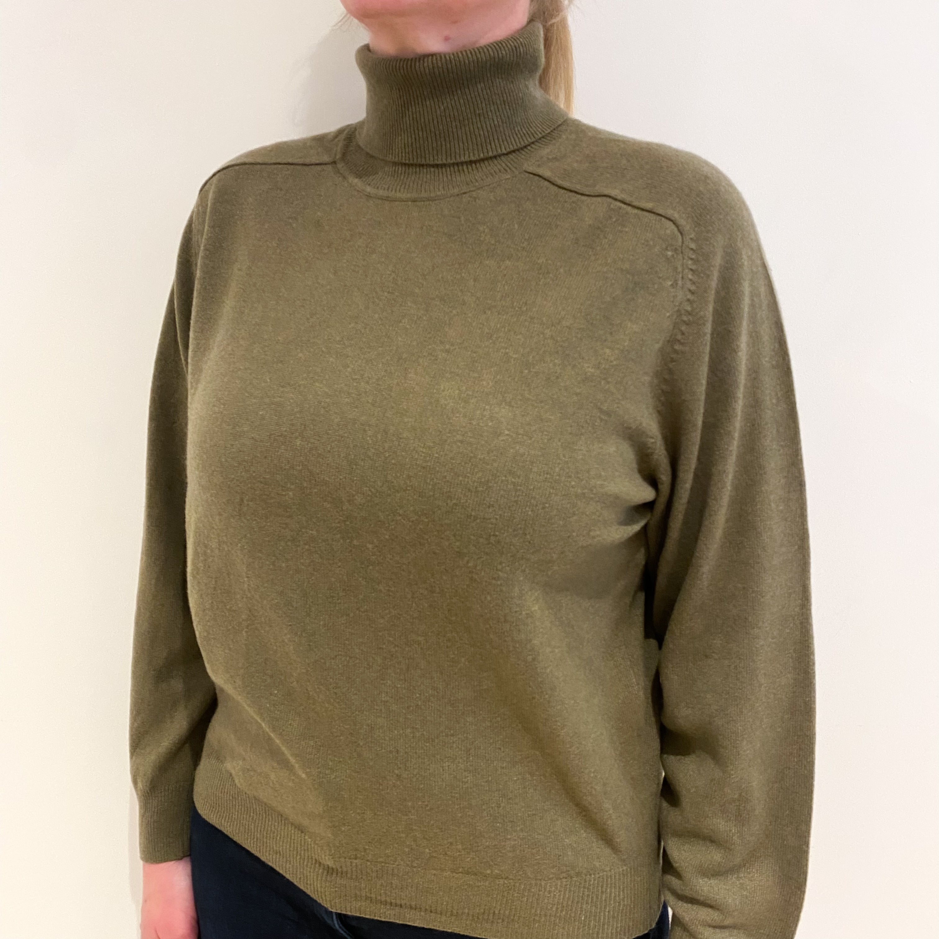 Olive Green Cashmere Polo Neck Jumper Large